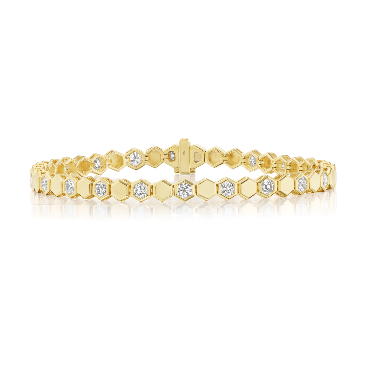 Hexagon Bezel Set Alternating Round Diamond and Metal Tennis Bracelet in Yellow Gold