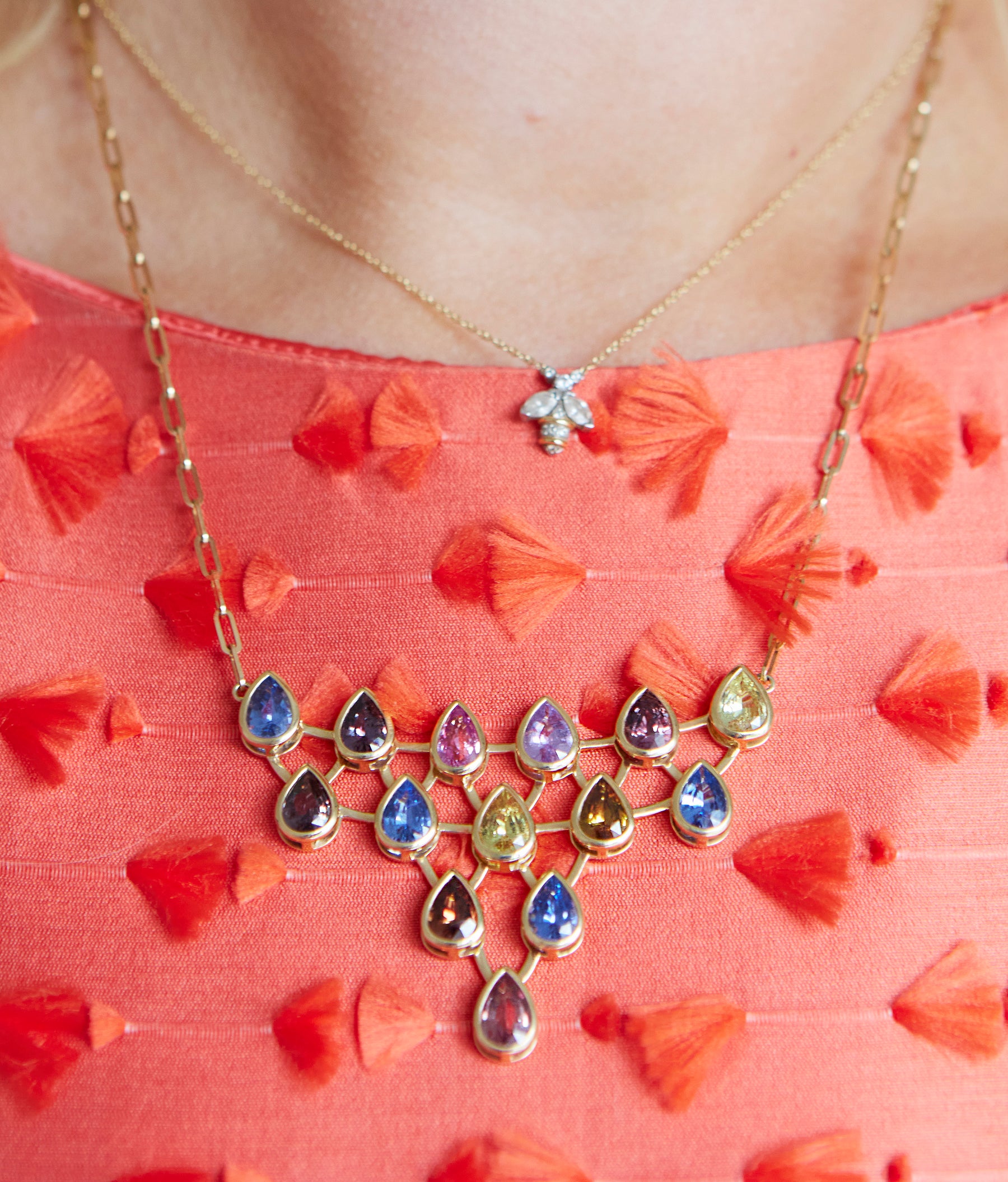 Rainbow Waterdrop Bib Necklace in Yellow Gold with Multicolor Pear Sapphires