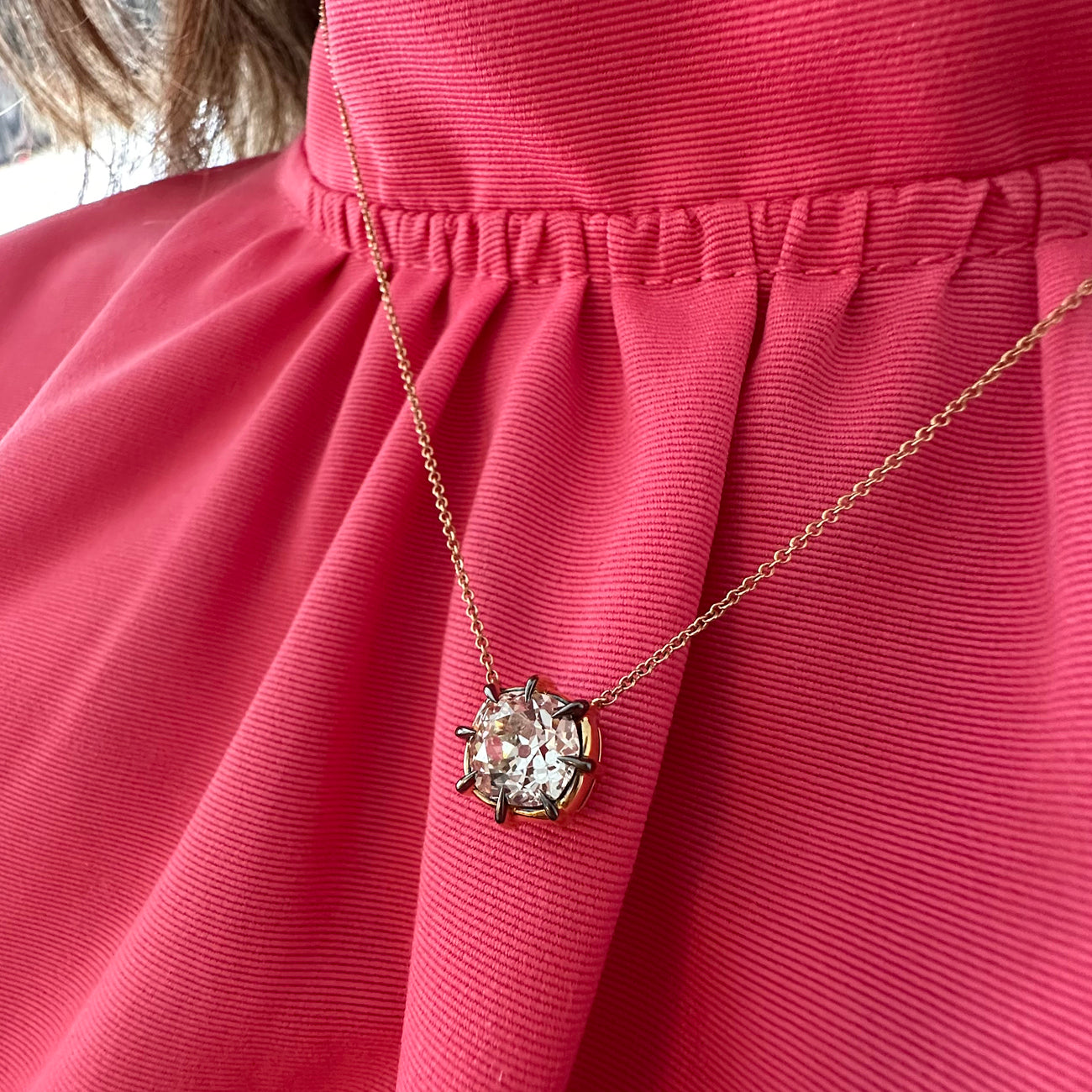 Cushion Cut Diamond Collet Pendant in Yellow and Blackened Gold