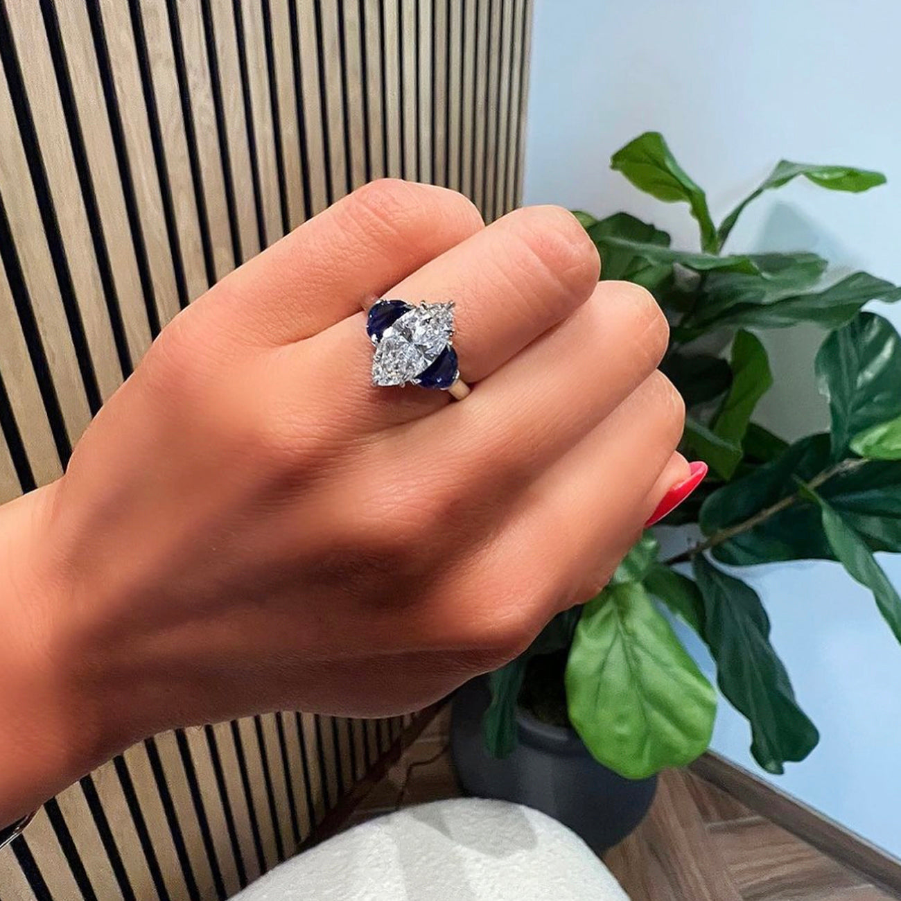 Marquise Diamond Engagement Ring with Half Moon Sapphire Side Stones