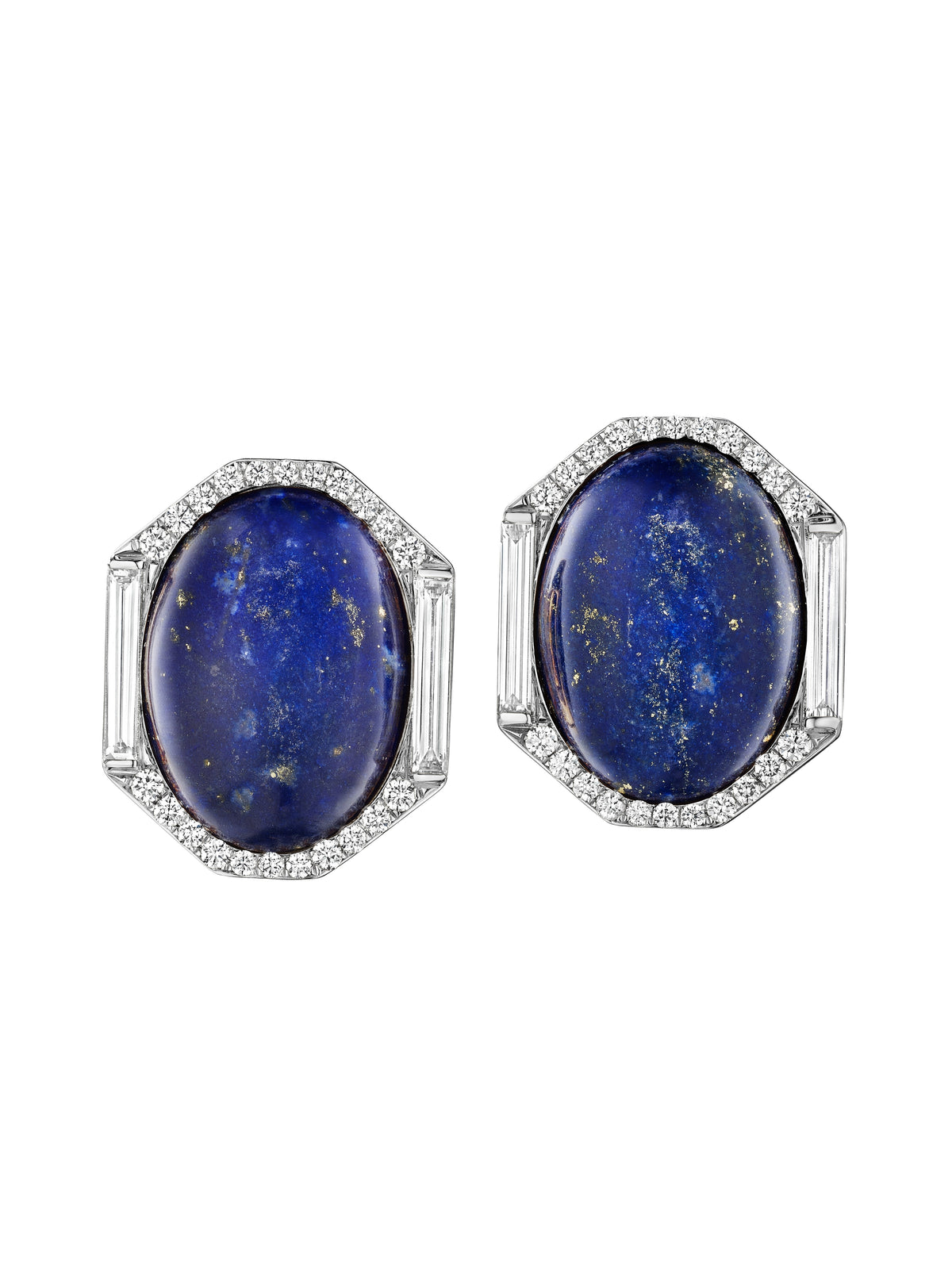 Oval Opal Studs with Elongated Baguette Diamonds and Pavé