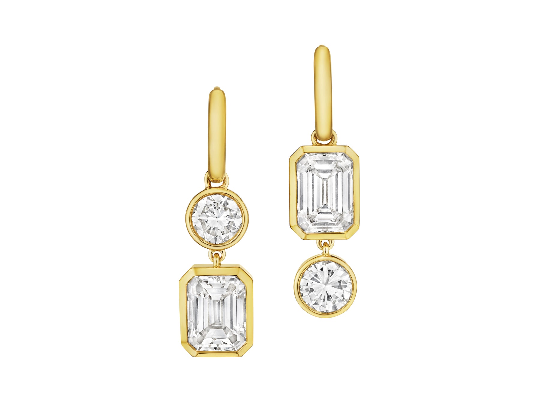 Asymmetrical Drop Earrings with Bezel Set Round and Emerald Cut Diamonds in Yellow Gold