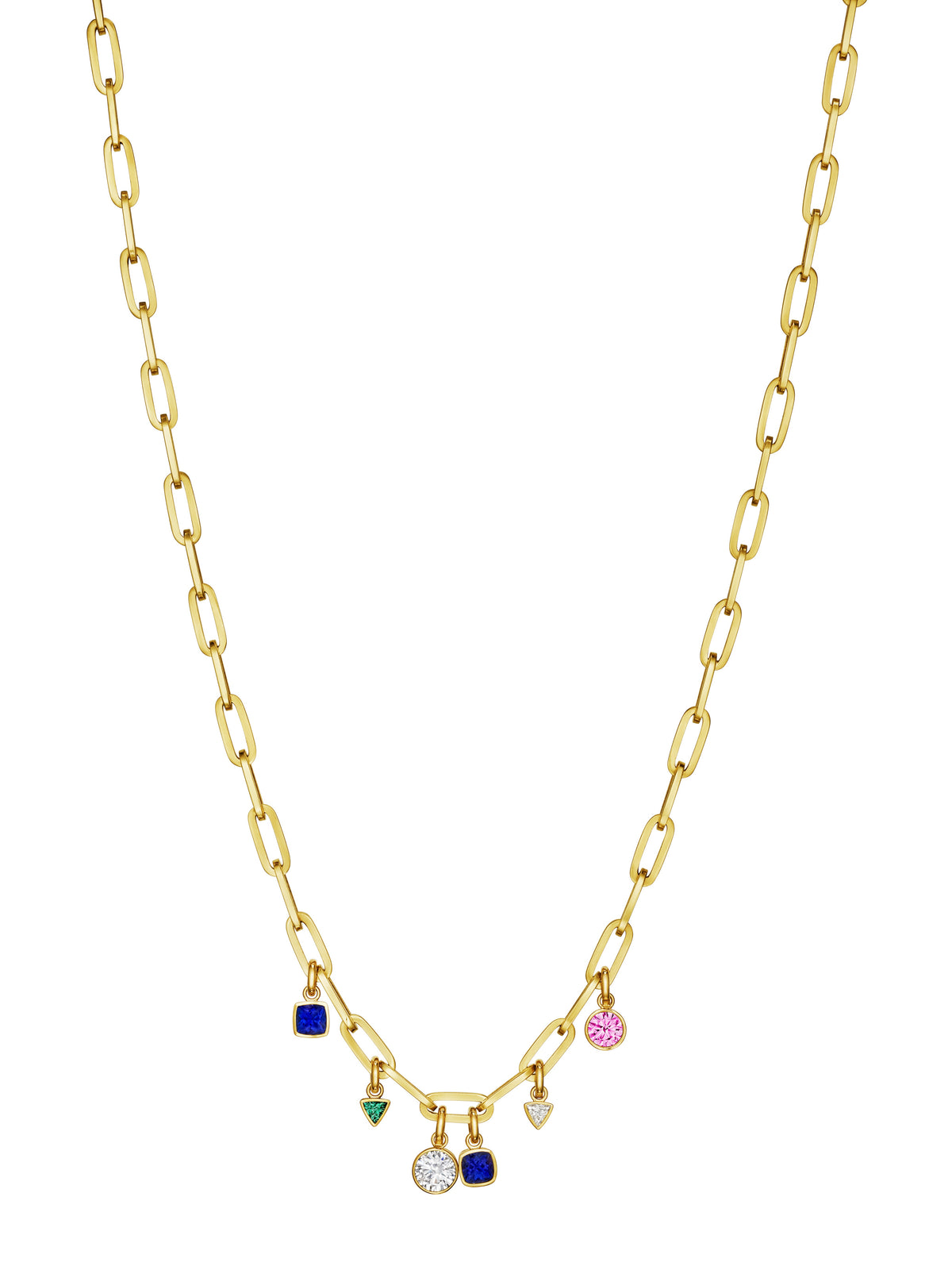 Chain Necklace in Yellow Gold with Bezel Set Mixed Shape Sapphires, Diamonds, and Emeralds