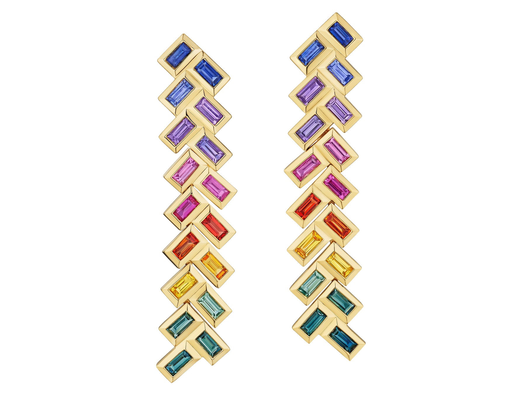Chevron Drop Earrings in Yellow Gold with Multicolor Baguette Cut Sapphires