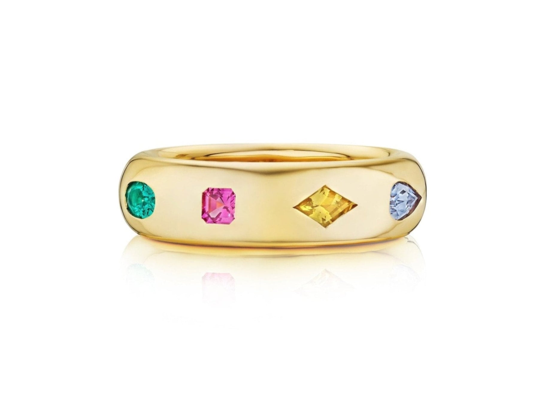 Chroma Stackable Dome Ring in Yellow Gold with Burnish Set Mixed Shape Sapphires and Emeralds