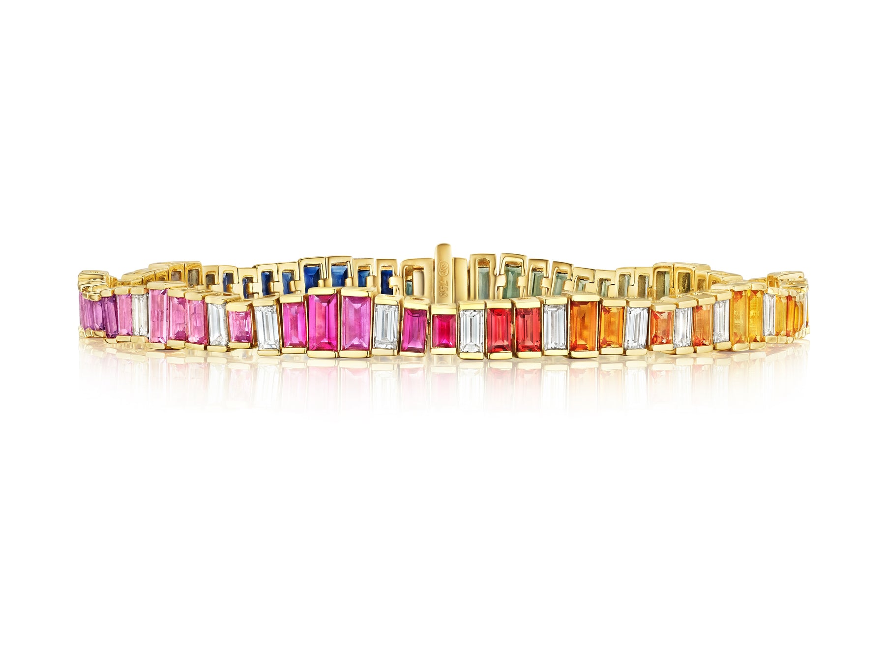 Chroma Gradient Sapphire and Diamond Baguette Rainbow Tennis Bracelet in Yellow Gold