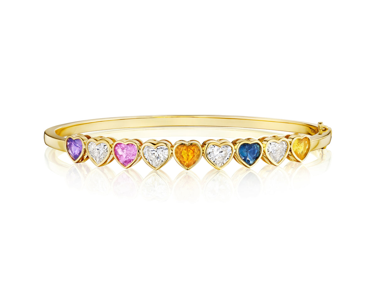 Chroma Heart Beats Bezel Set Heart Shape Sapphire and Diamond Bangle in Yellow Gold