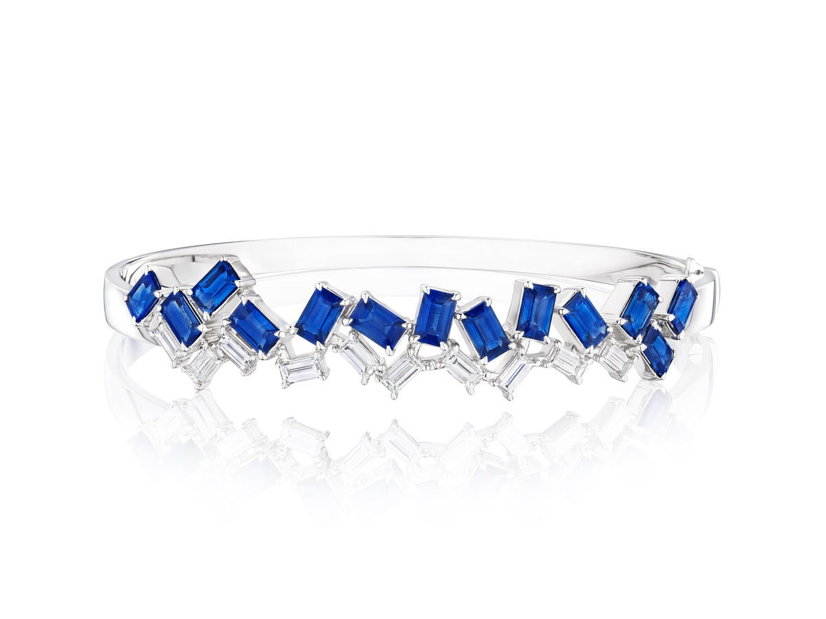 Chroma Empire Alternating Emerald Cut Sapphire and Diamond Bangle in White Gold
