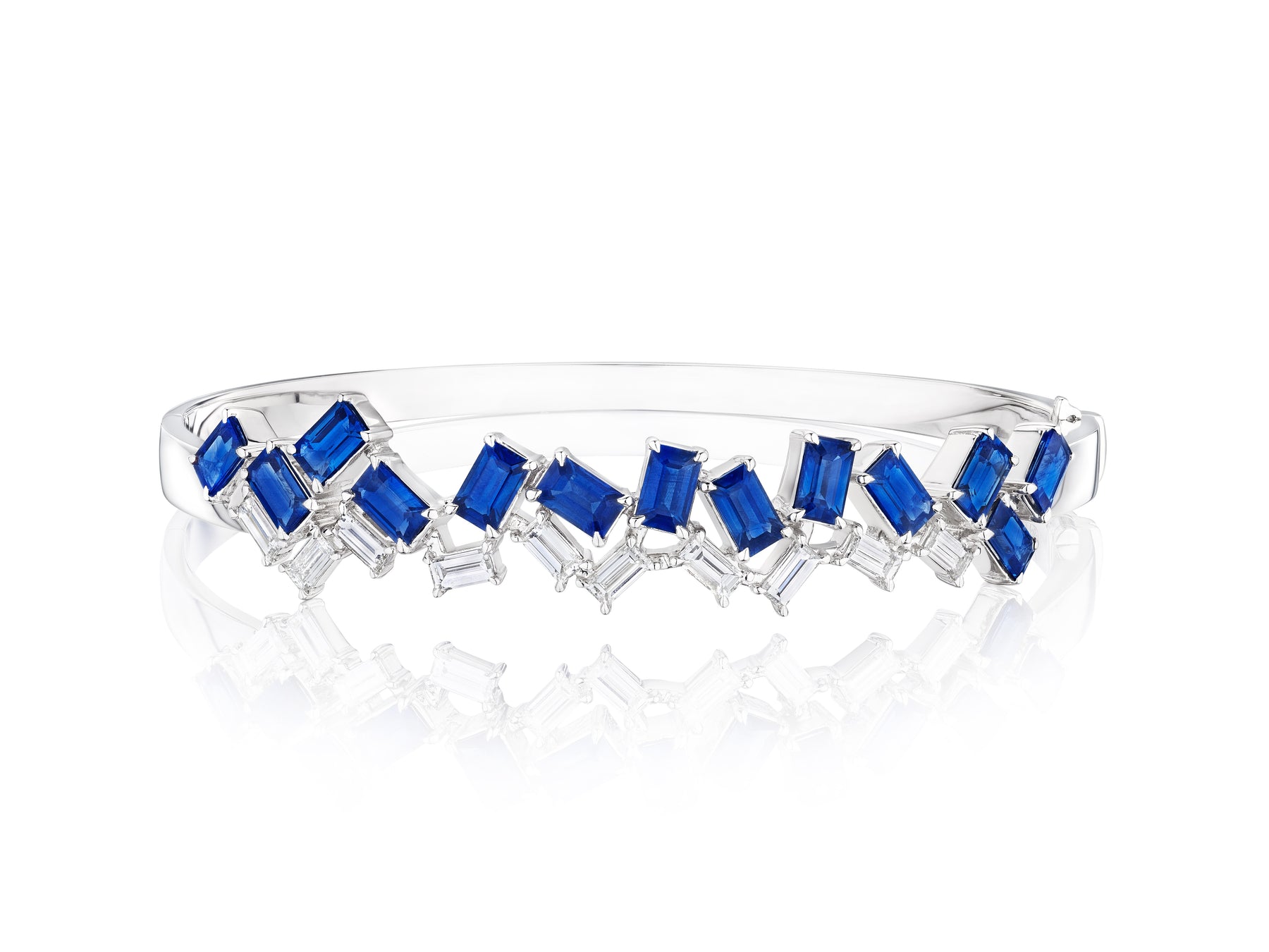 Chroma Empire Alternating Emerald Cut Sapphire and Diamond Bangle in White Gold