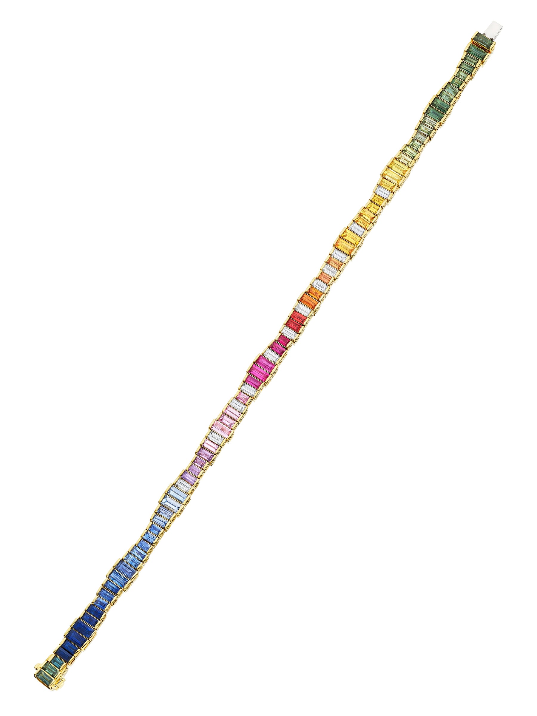 Chroma Gradient Sapphire and Diamond Baguette Rainbow Tennis Bracelet in Yellow Gold
