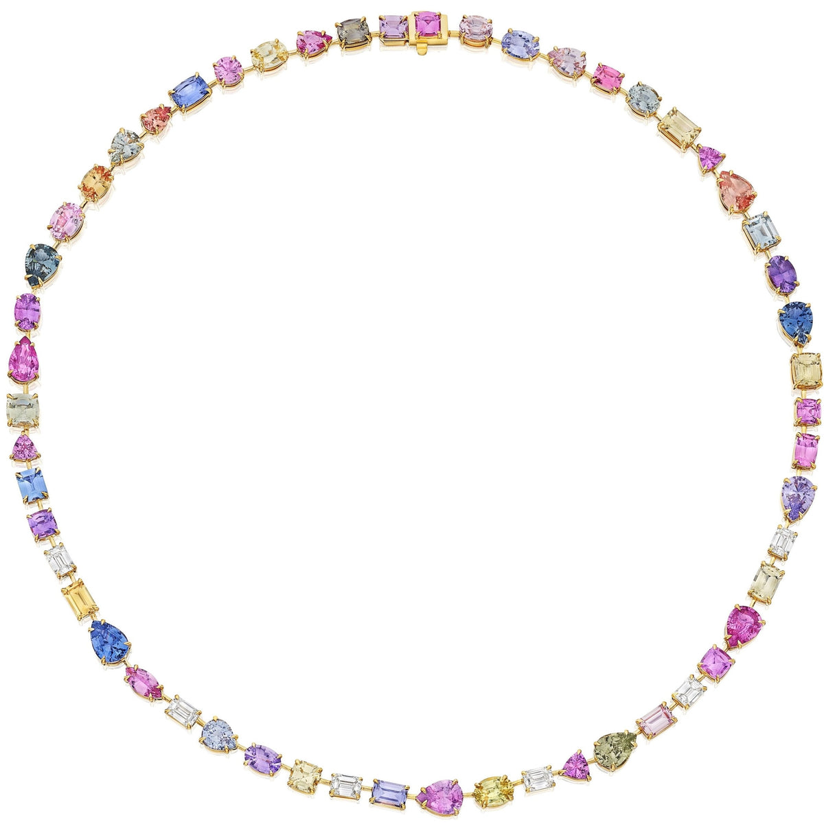Chroma Kaleidoscope Mixed Shape Sapphire and Diamond Tennis Necklace in Yellow Gold
