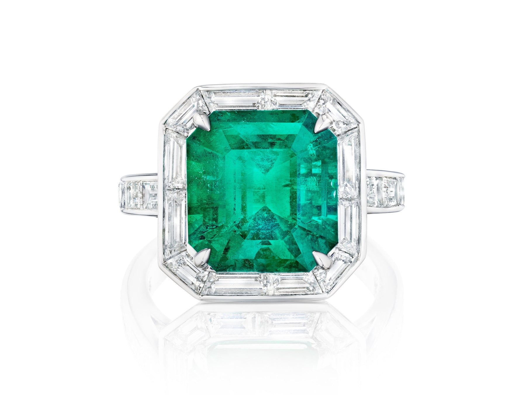 Mosaic Asscher Cut Emerald and Baguette Diamond Cocktail Ring in Platinum