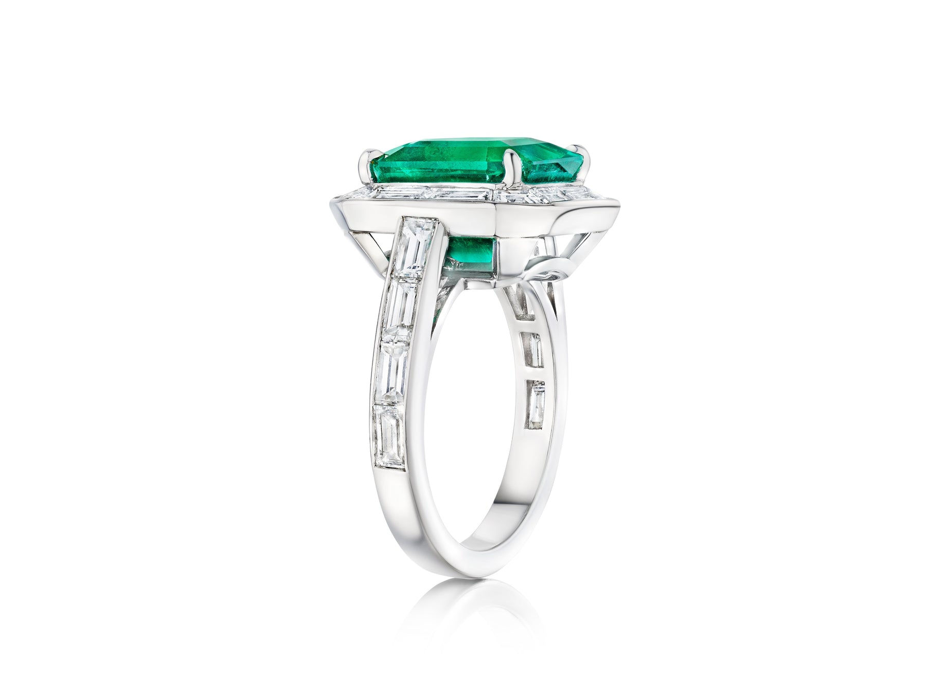 Mosaic Asscher Cut Emerald and Baguette Diamond Cocktail Ring in Platinum