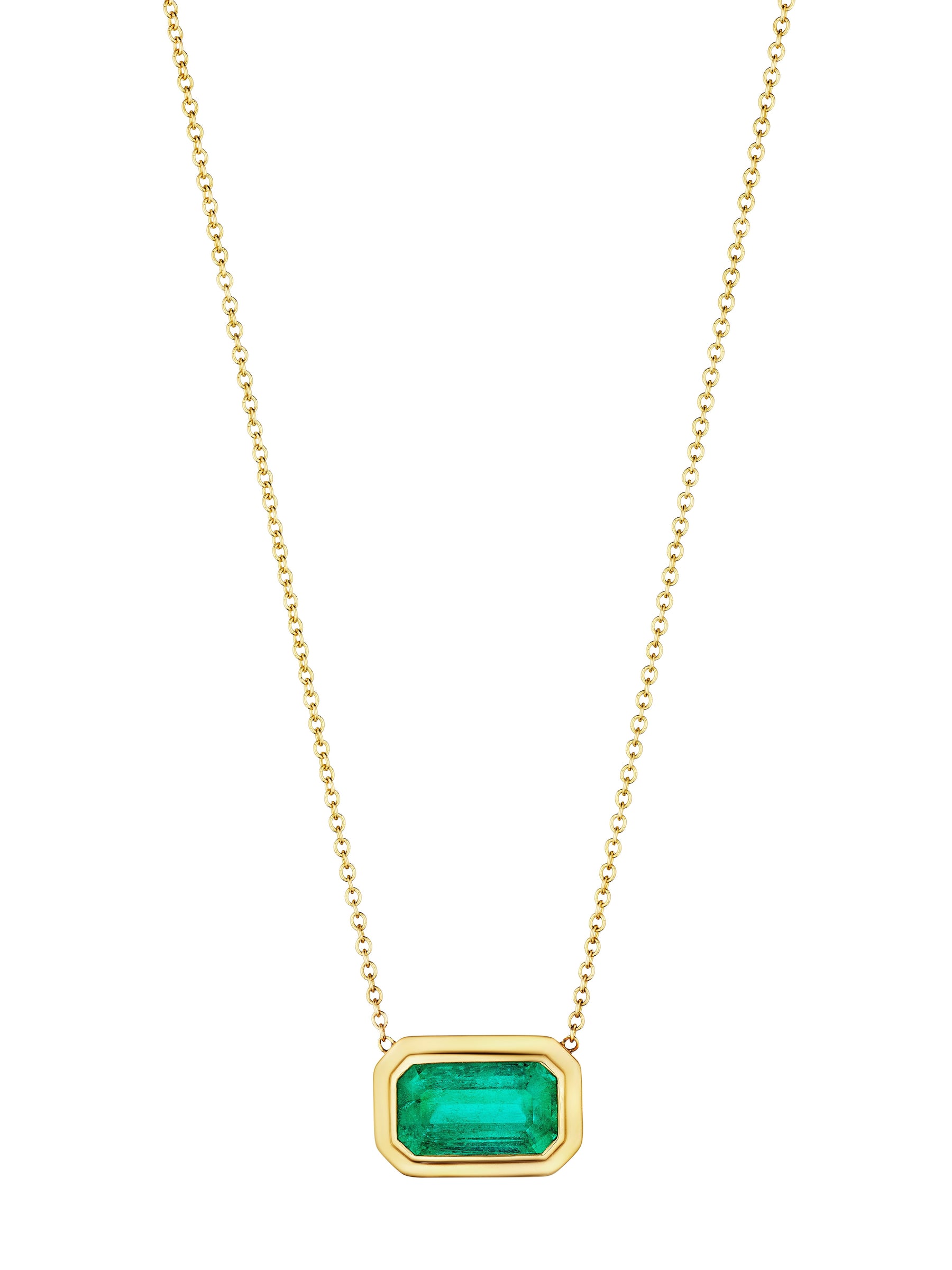 East-West Bezel Set Pendant with Emerald Cut Emerald in Yellow Gold