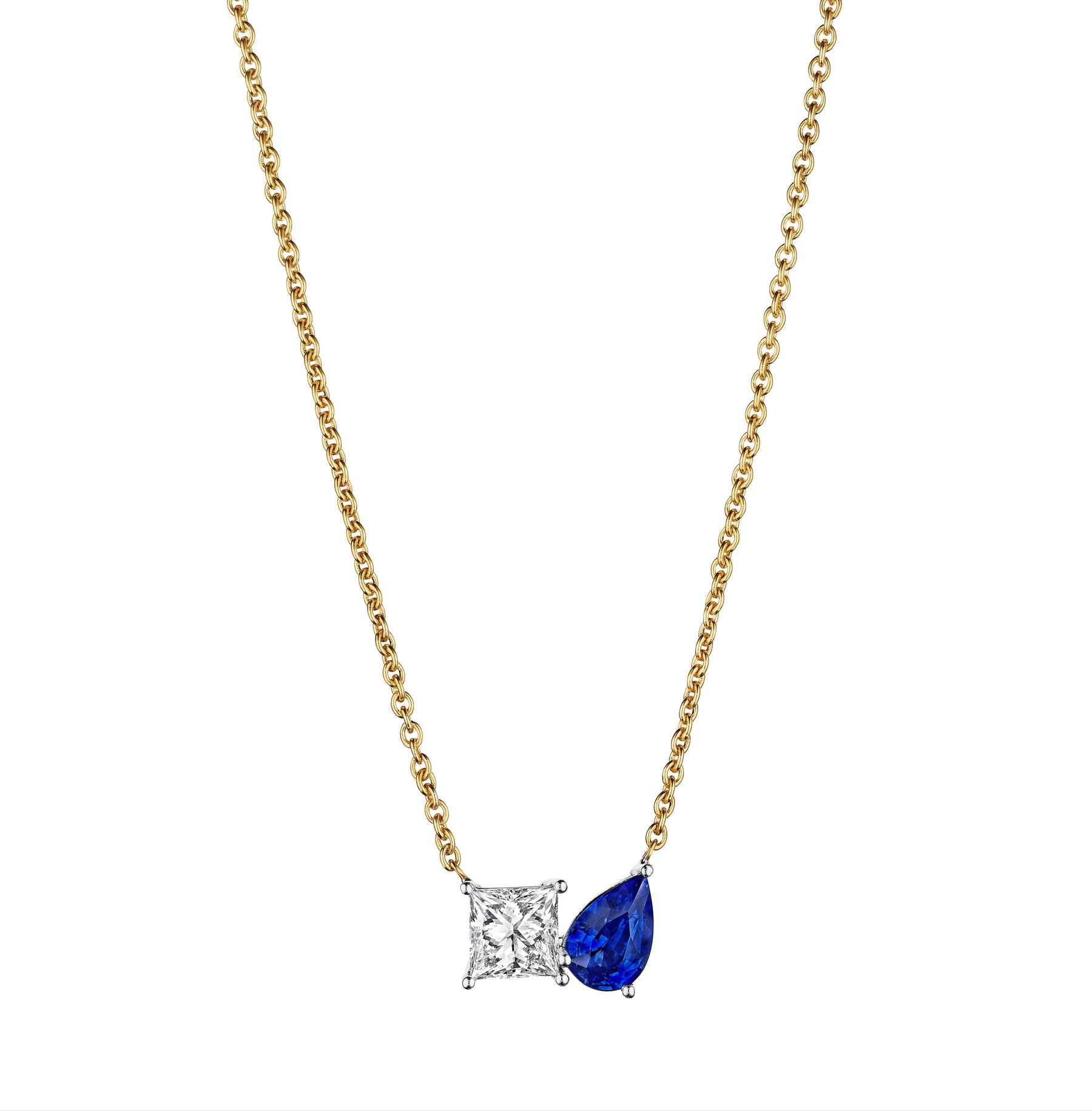 Princess Cut Diamond and Pear Shape Sapphire Toi et Moi Pendant Necklace in Yellow Gold