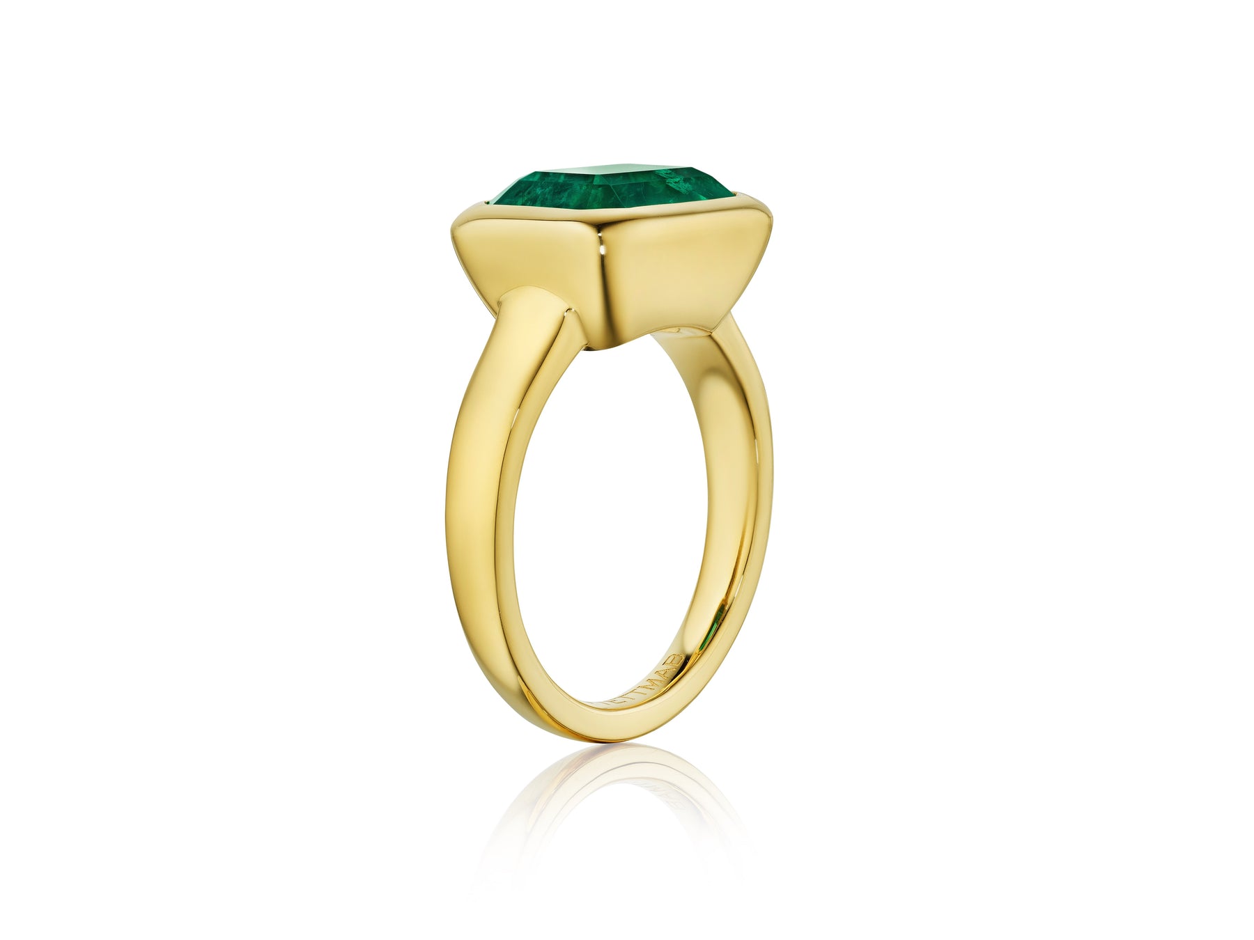 East-West Bezel Set Emerald Cut Emerald Engagement Ring in Yellow Gold