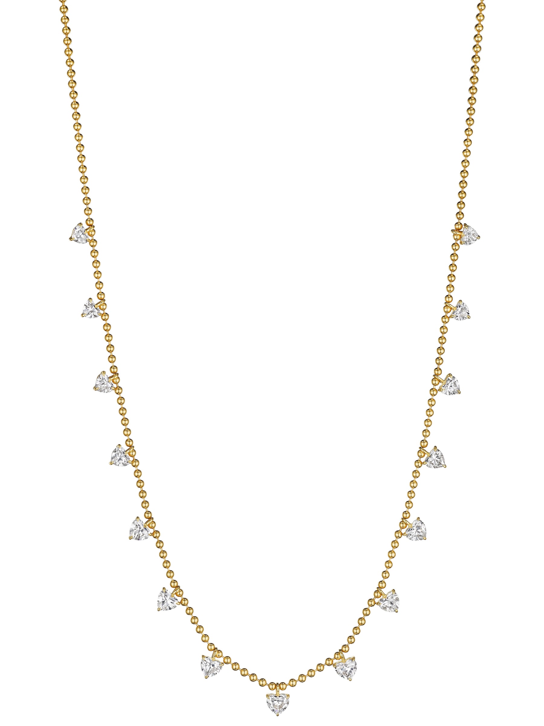 Heart Shape Diamond Station Necklace with Yellow Gold Ball Chain