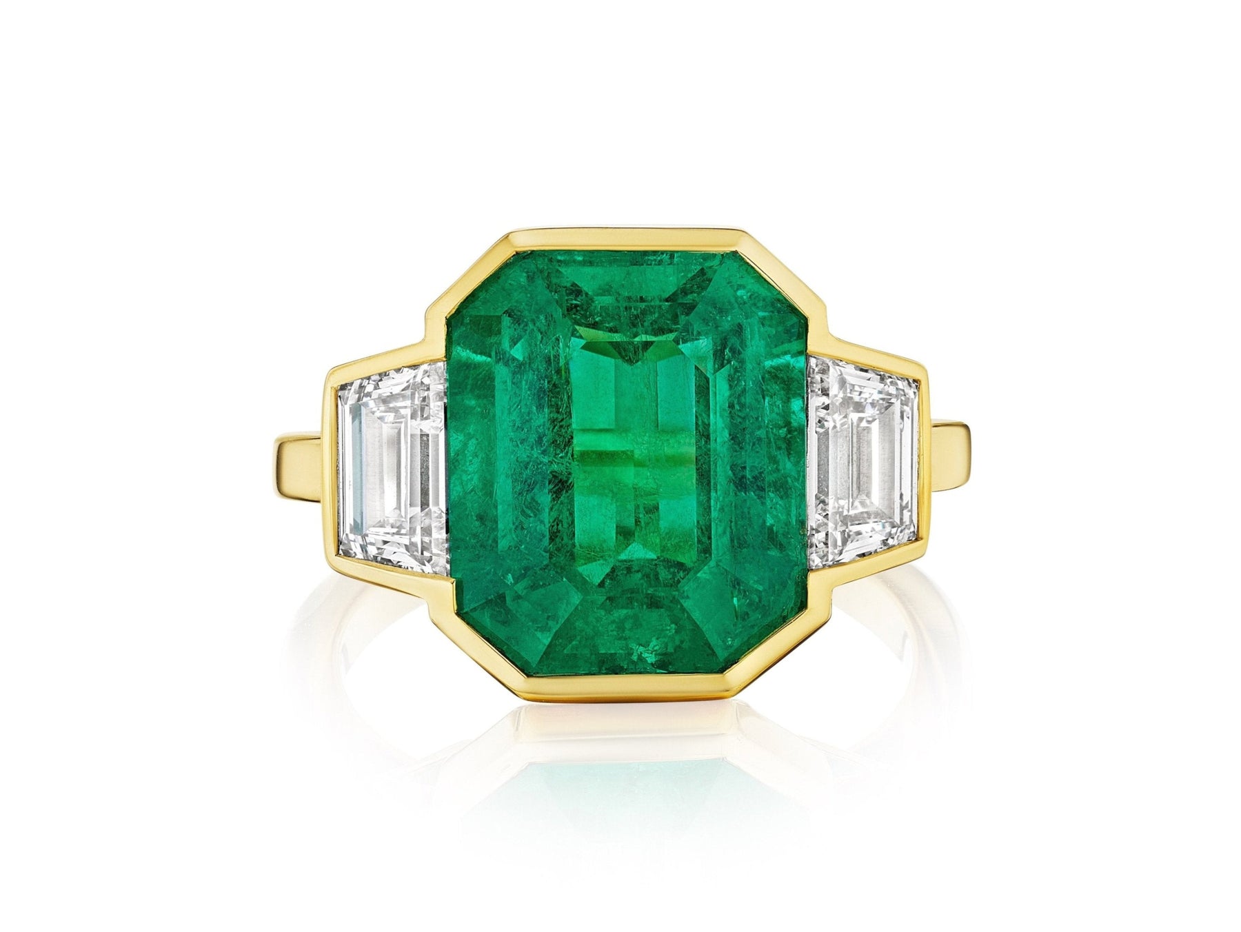 Elongated Asscher Cut Emerald Engagement Ring with Trapezoid Diamond Side Stones in Yellow Gold