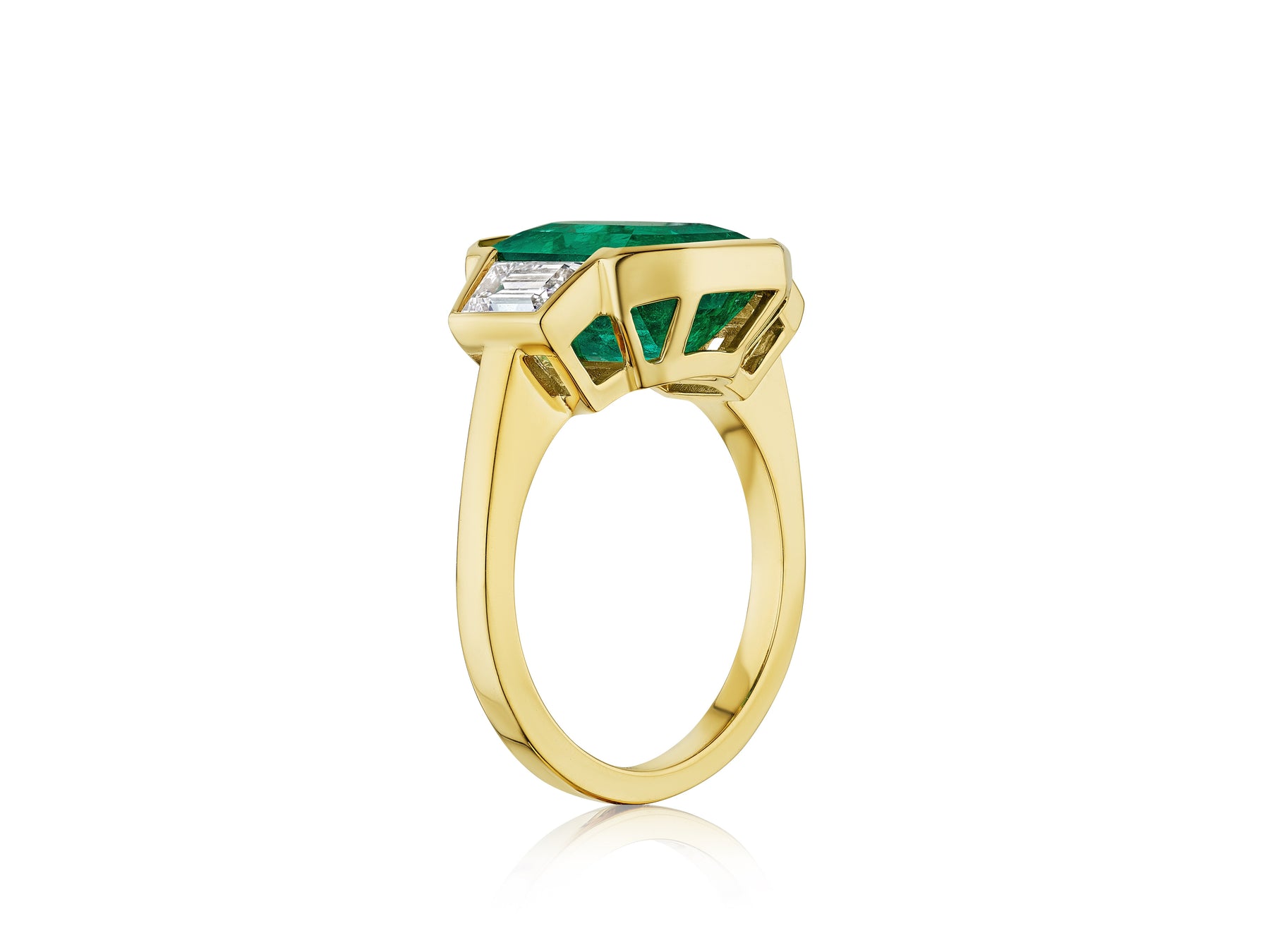 Elongated Asscher Cut Emerald Engagement Ring with Trapezoid Diamond Side Stones in Yellow Gold