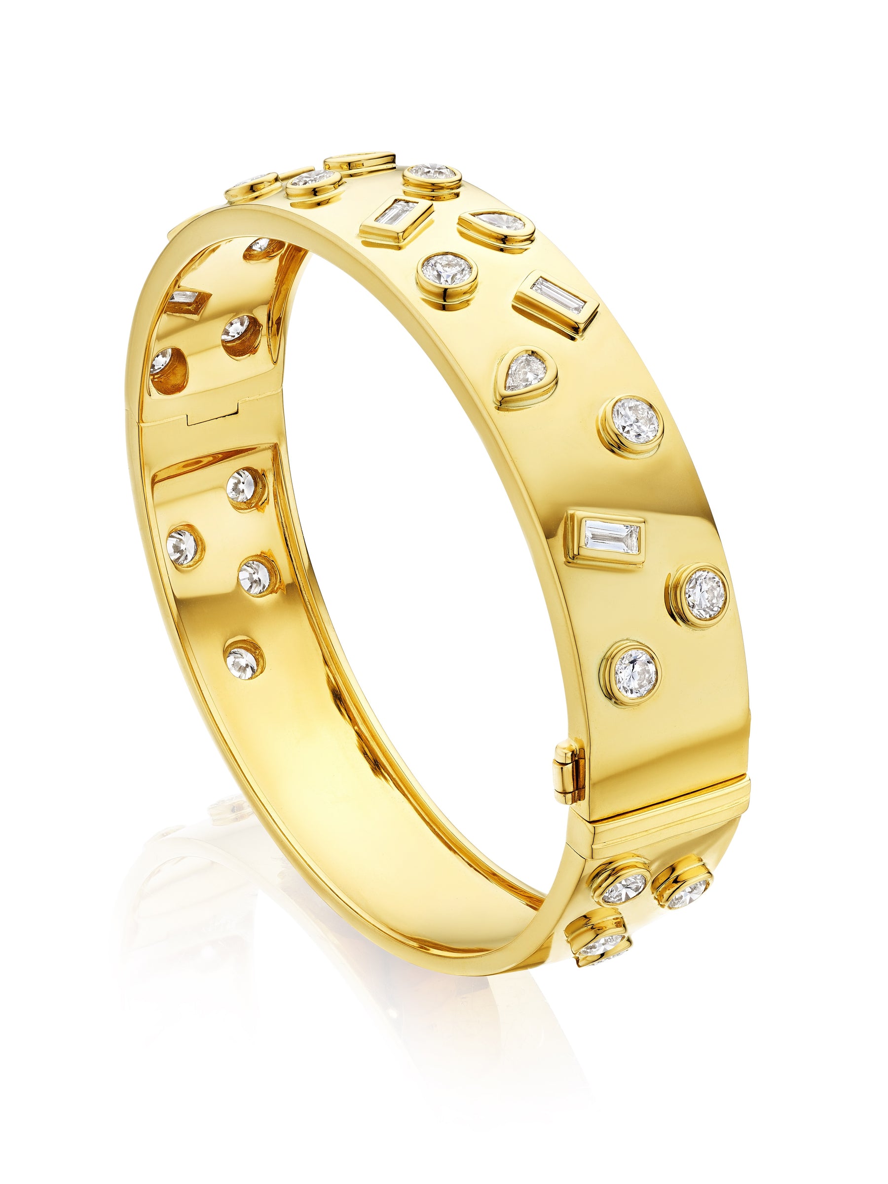 Bezel Set Mixed Shape Diamond Bangle in Yellow Gold