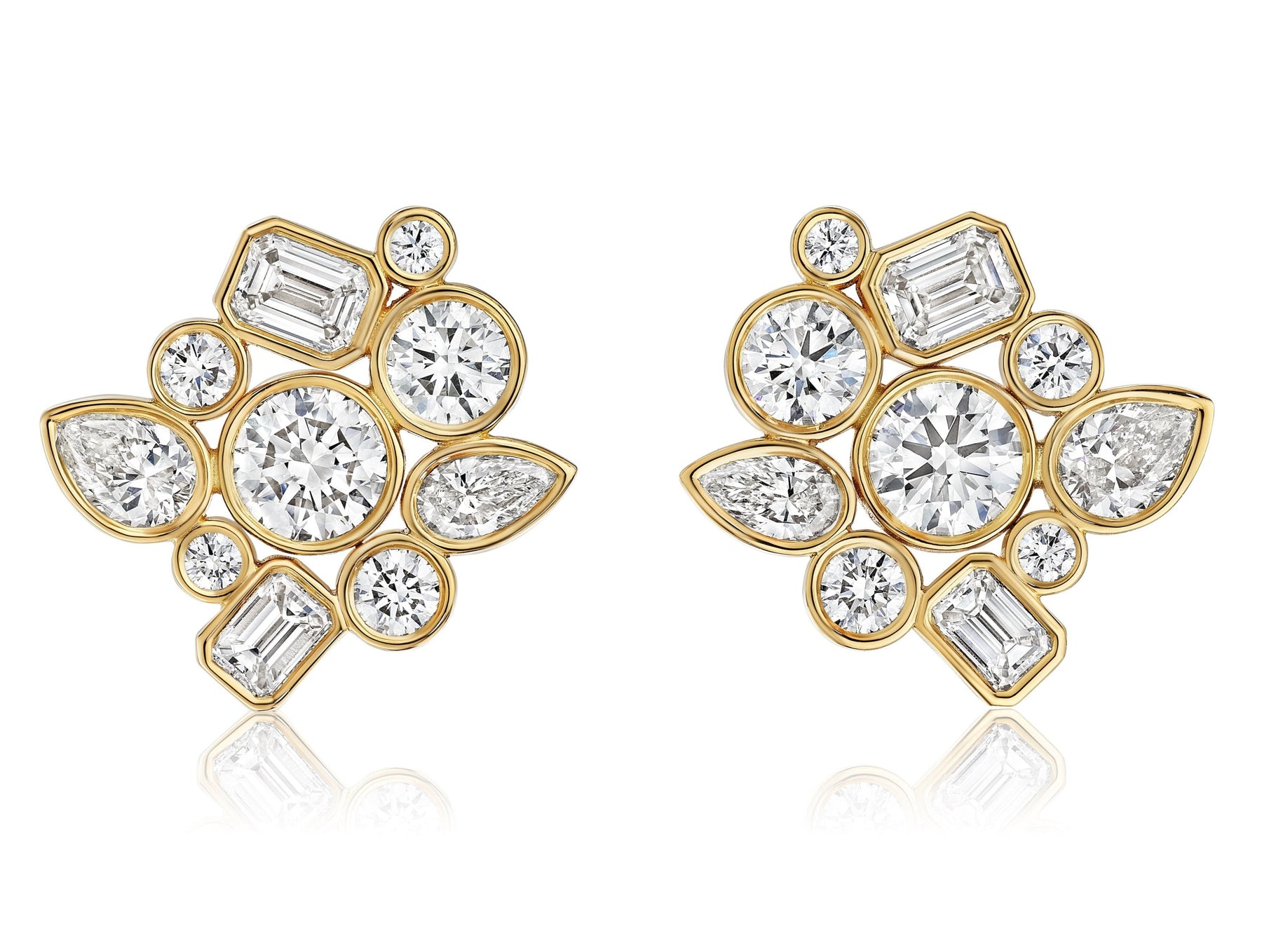 Bezel Set Mixed Shape Diamond Cluster Earrings in Yellow Gold