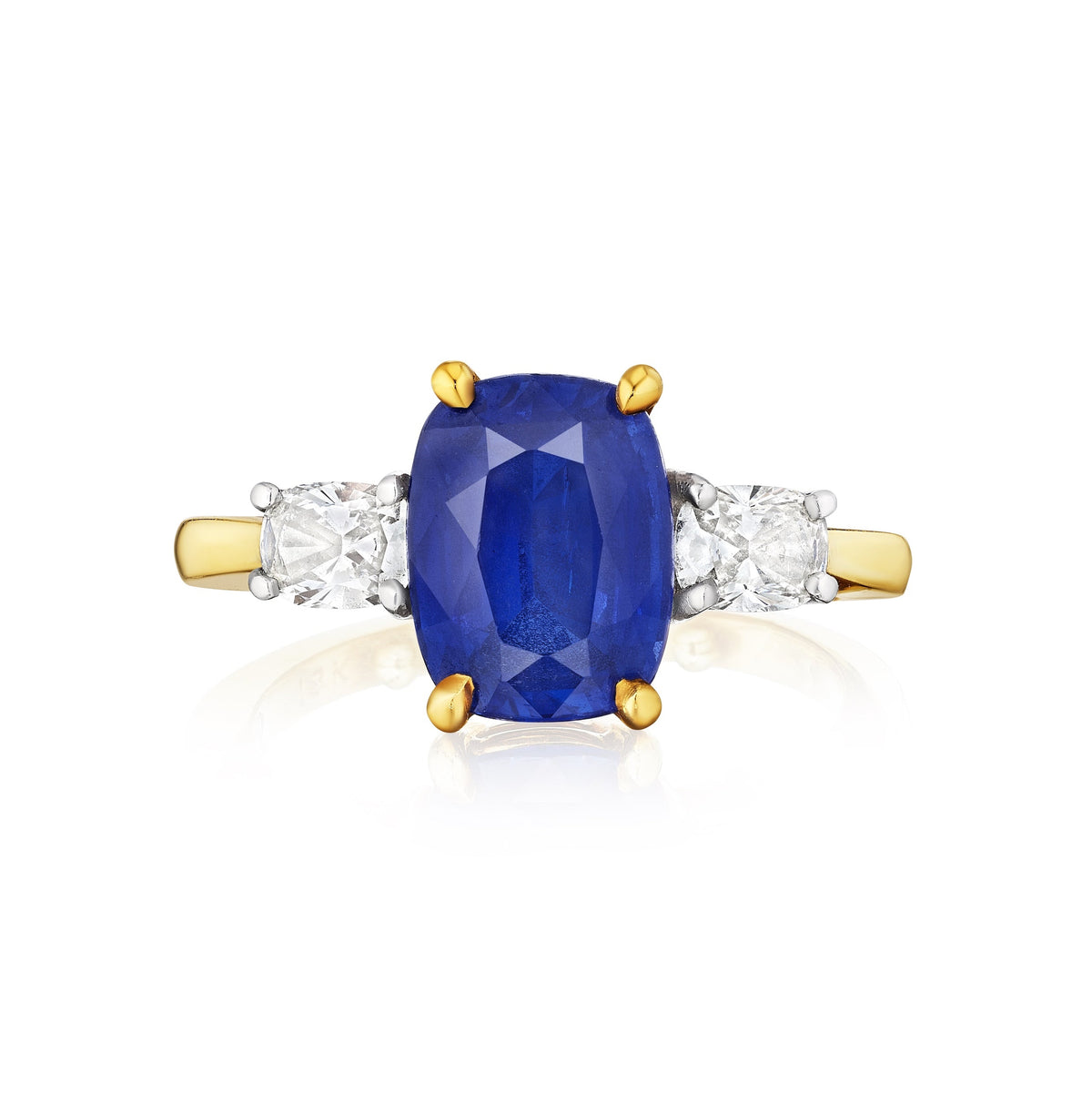 Cushion Cut Blue Sapphire Engagement Ring in Yellow Gold with Oval Diamond Side Stones