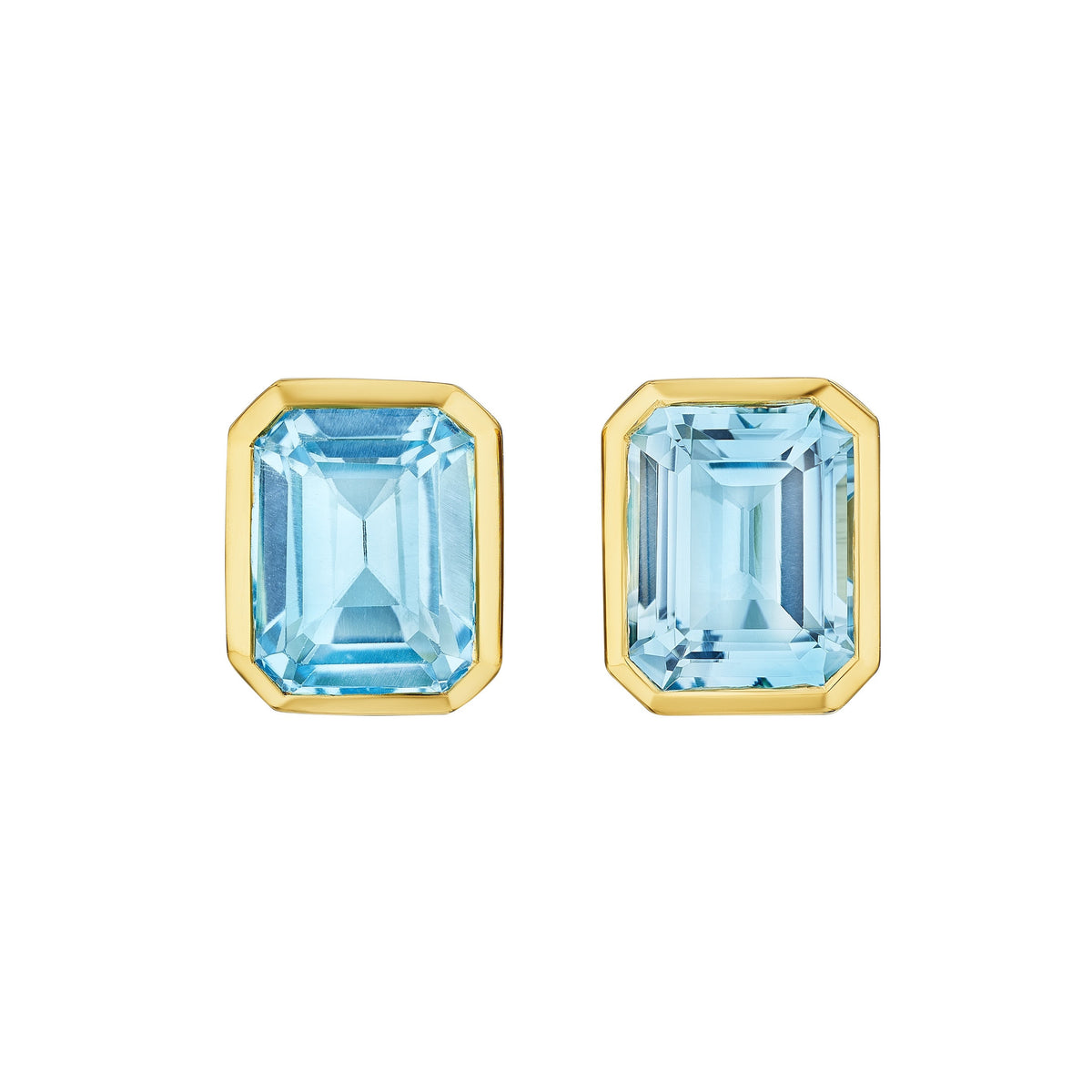 Bezel Set Emerald Cut Aquamarine Stud Earrings in Yellow Gold