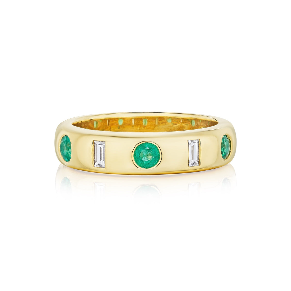 Bespoke Burnish Set Baguette Diamond and Round Emerald Band in Yellow Gold