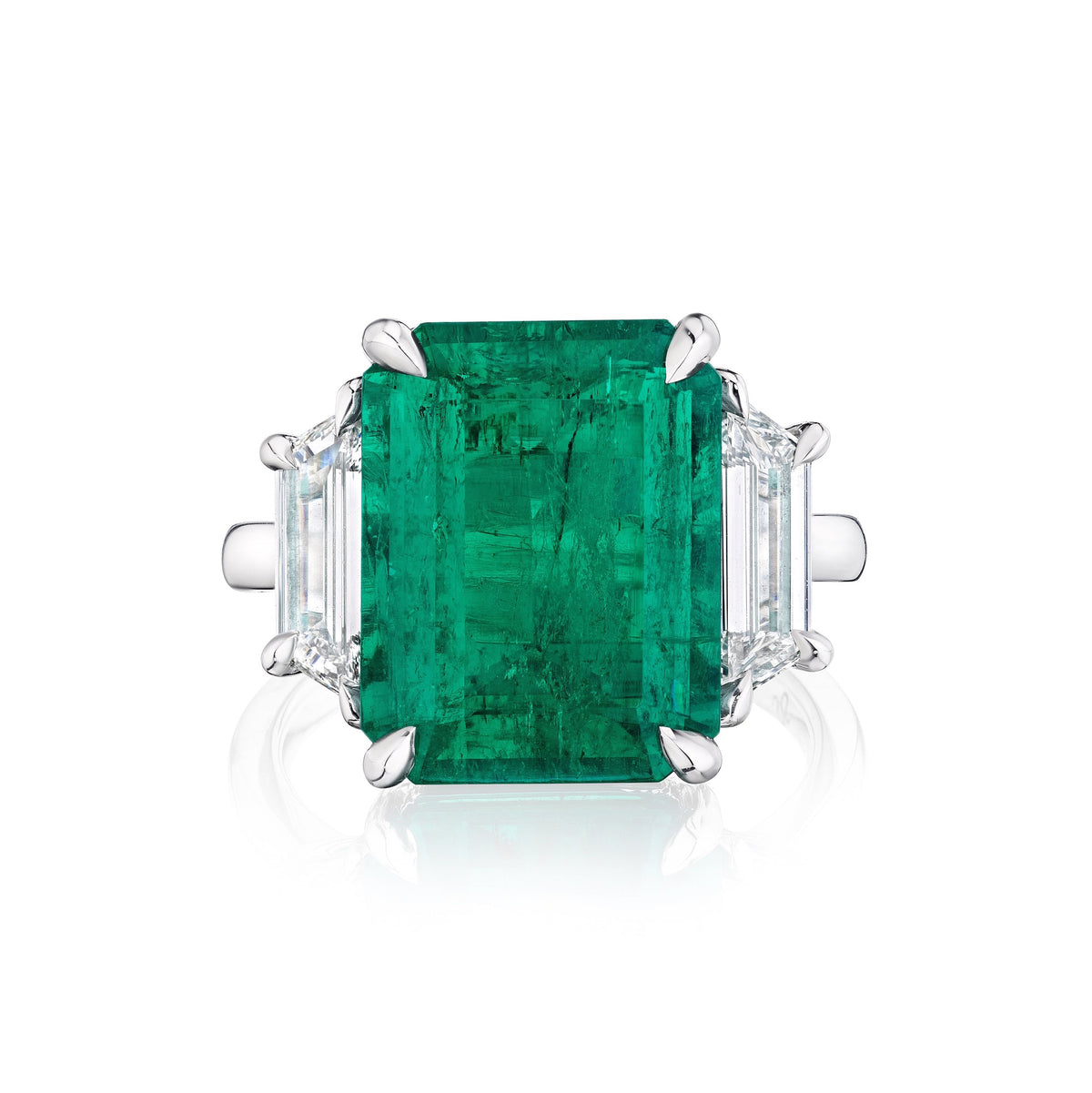 Bespoke Emerald Cut Colombian Emerald Engagement Ring in White Gold with Trapezoid Baguette Side Stones