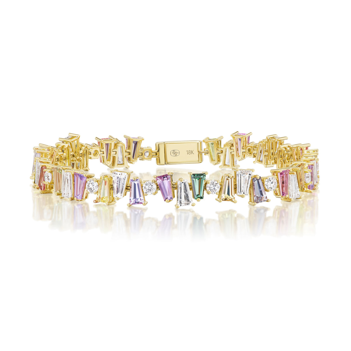 Multicolor Shield Cut Sapphire and Round Diamond Bangle in Yellow Gold