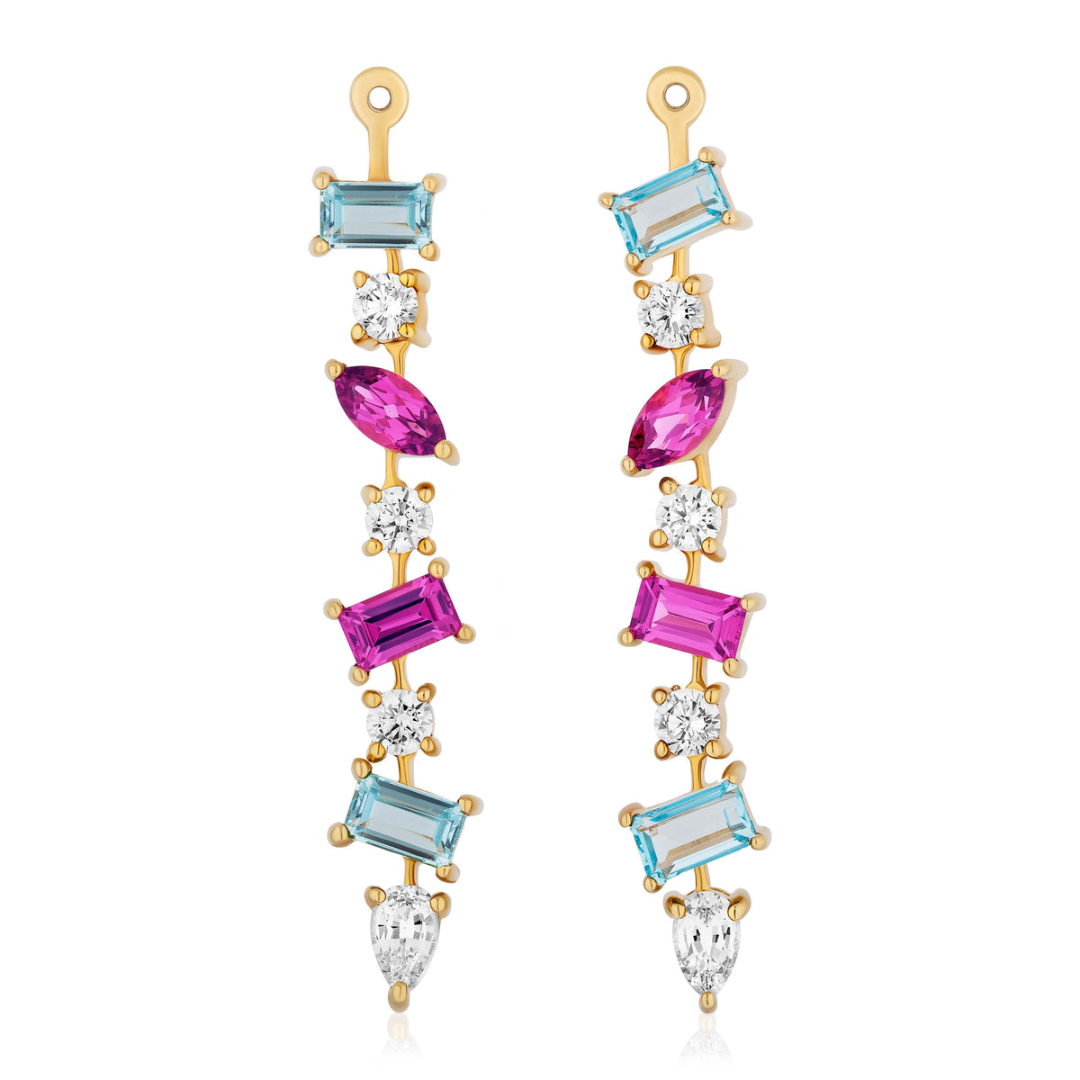 Multicolor Mixed Shape Sapphire, Aquamarine, and Diamond, Ear Jackets