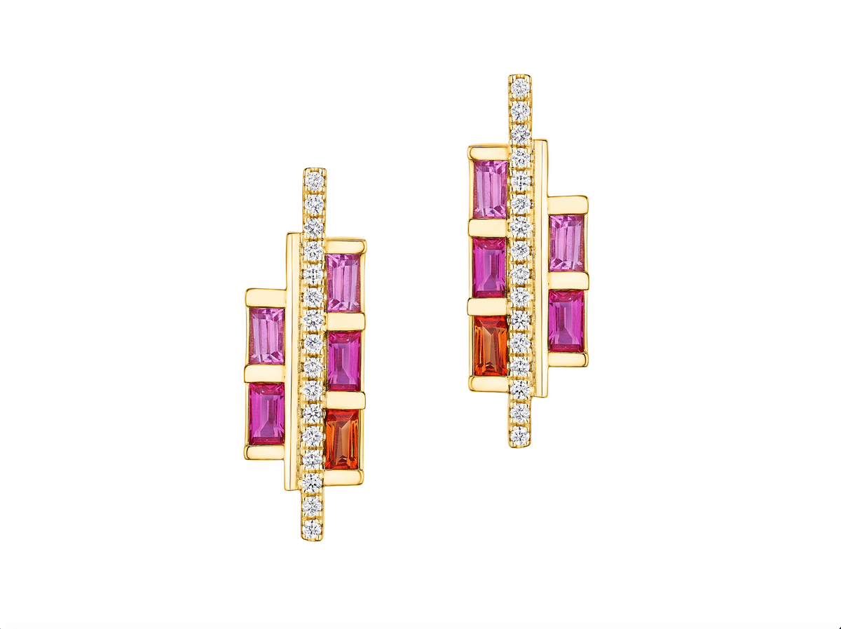Chroma Empire Color Gradient Pink Sapphire and Orange Sapphire and Diamond Studs