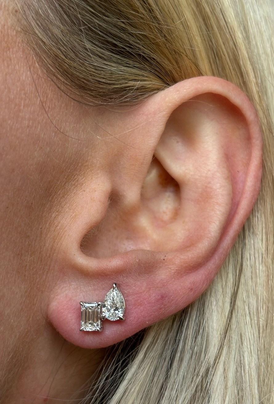 Mixed Shape Duo Studs with Emerald Cut and Pear Shape Diamonds in White Gold