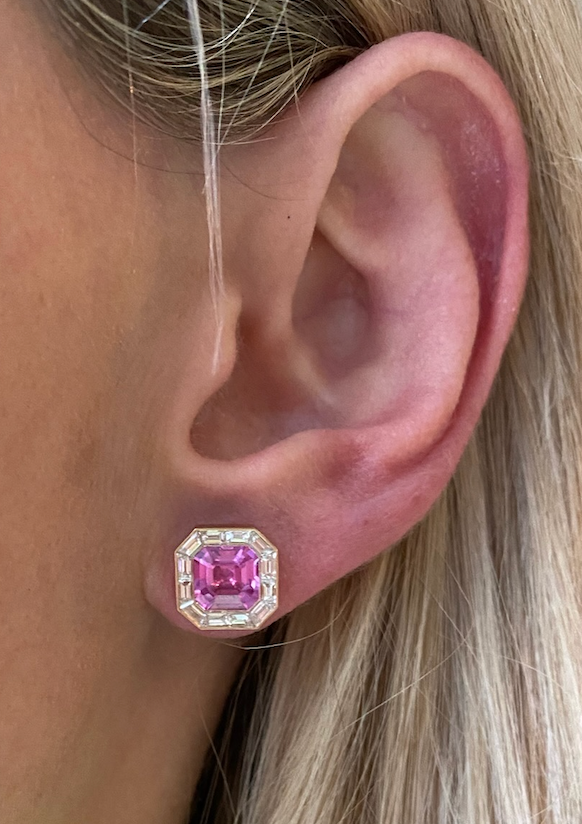 Mosaic Studs in Rose Gold with Pink Asscher Cut Sapphires and Baguette Diamonds