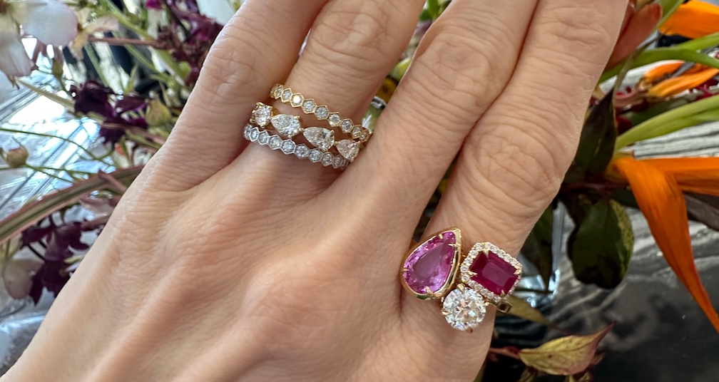 Cluster Ring in Yellow Gold with Bezel Set Pear Shape and Pavé Emerald Cut Sapphires and Round Diamond