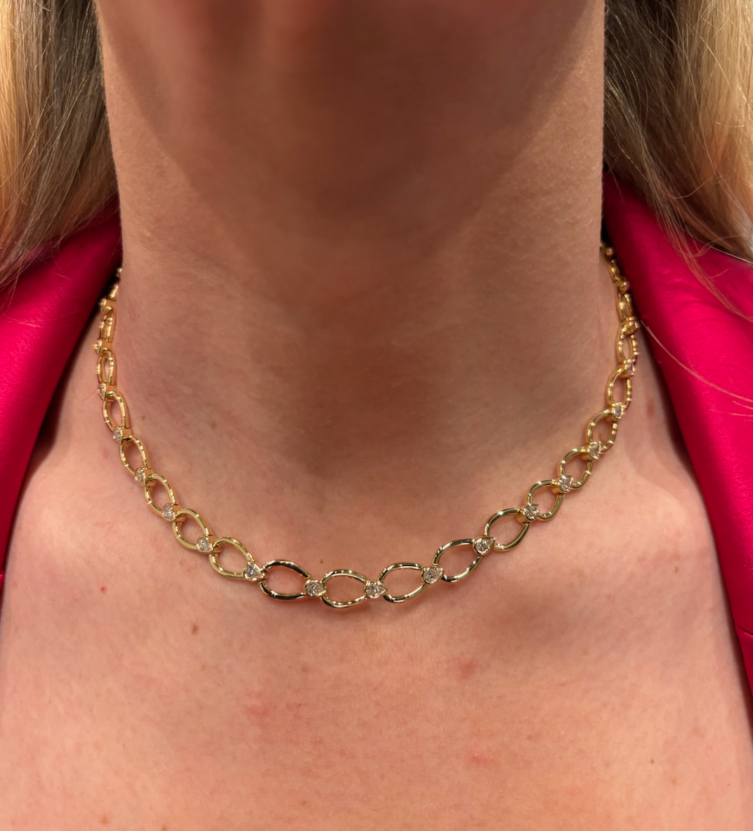 Pear Shape Link Necklace with Bezel Set Pear Shape Diamonds in Yellow Gold