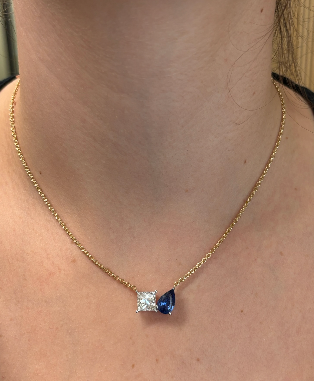 Princess Cut Diamond and Pear Shape Sapphire Toi et Moi Pendant Necklace in Yellow Gold