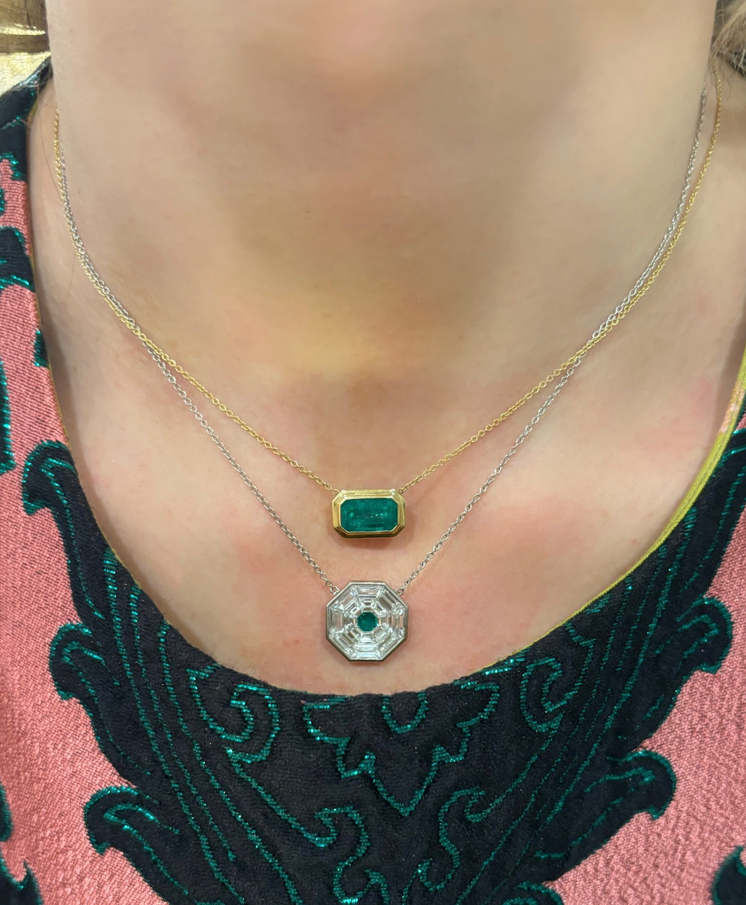 Bezel Set Trapezoid Diamond Mosaic Pendant with Round Emerald Center Stone