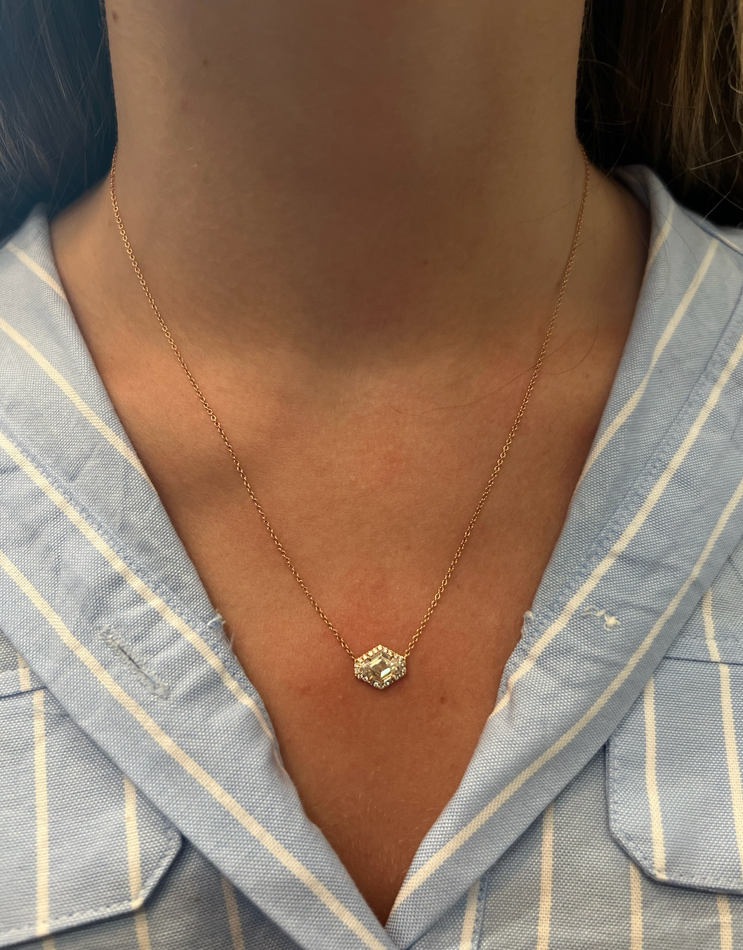 East-West Shield Diamond Pendant with Halo in Rose Gold