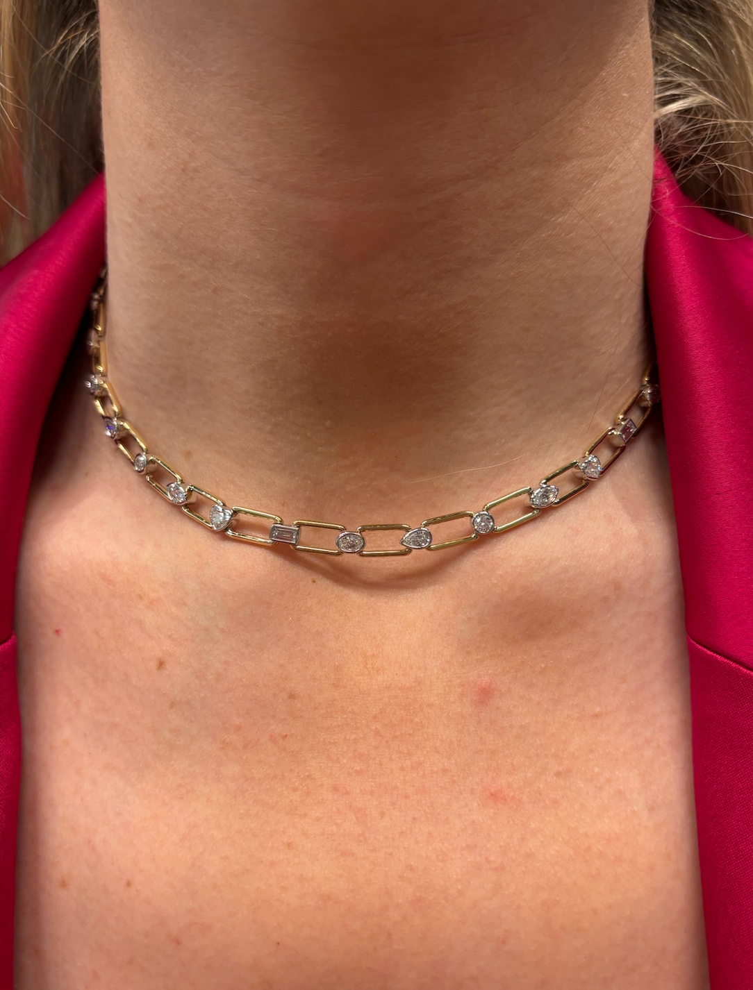 Mixed Shape Bezel Set Diamond Chain Link Necklace in Yellow Gold