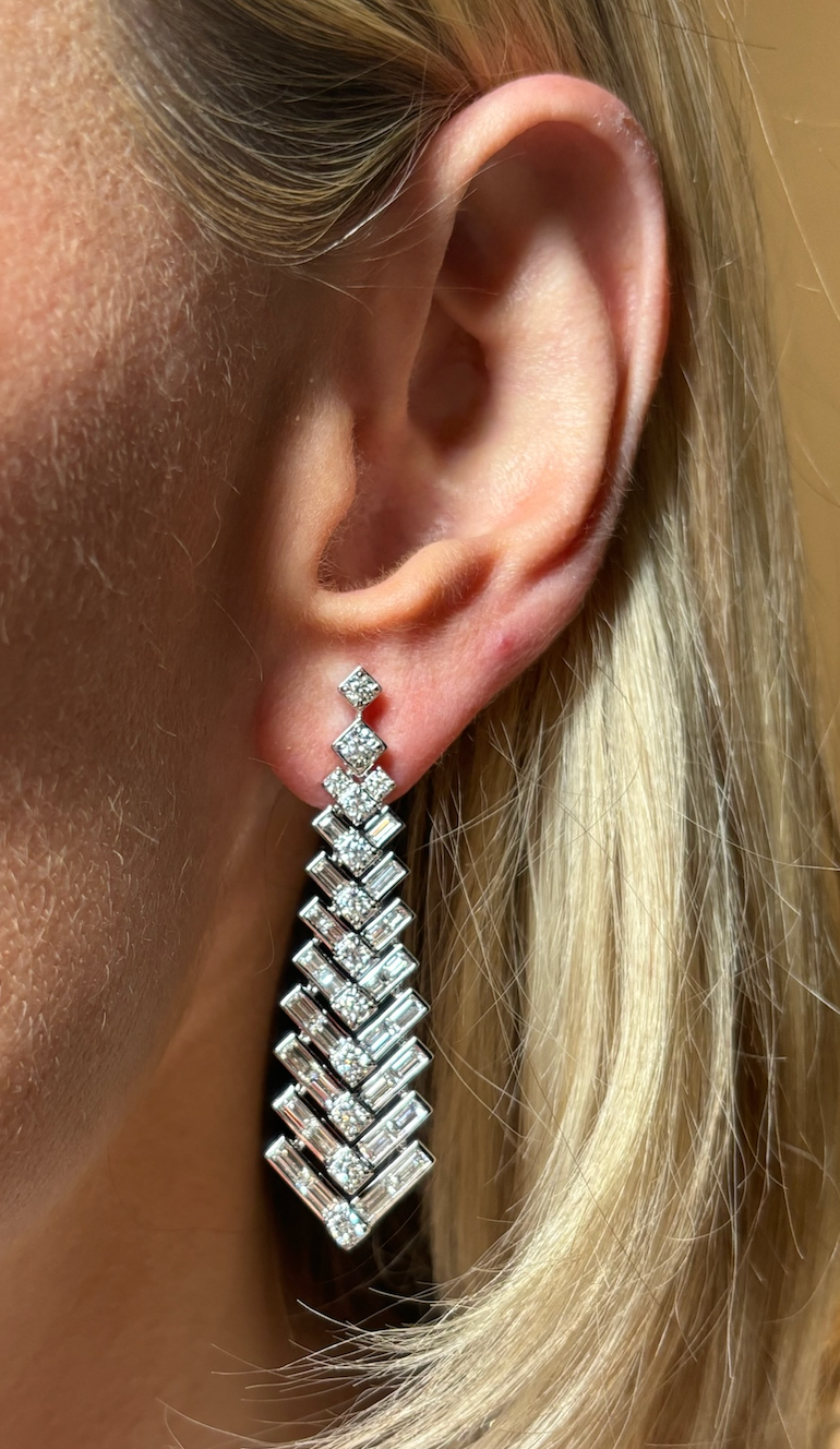 Art Deco Statement Earrings with Round and Baguette Diamonds in White Gold