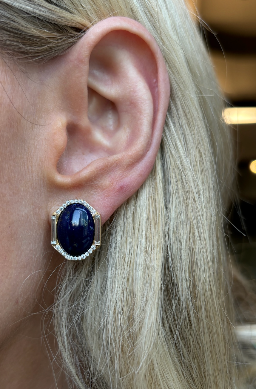 Oval Opal Studs with Elongated Baguette Diamonds and Pavé