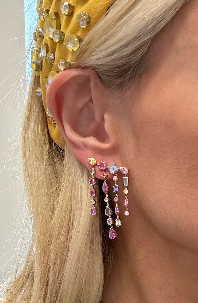 Multicolor Waterfall Earrings with Mixed Shape Sapphires and Diamonds