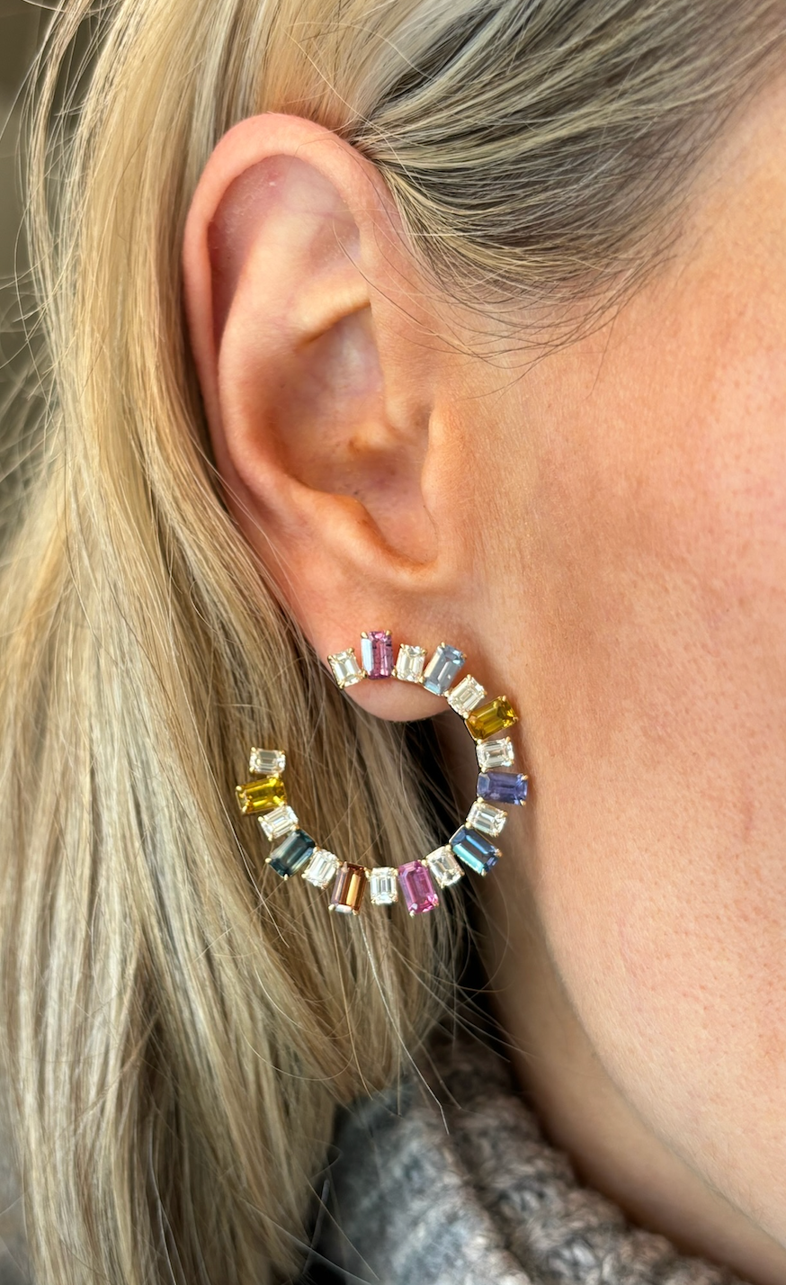 Confetti Front-to-Back Hoops with Emerald Cut Diamonds and Multicolor Sapphires