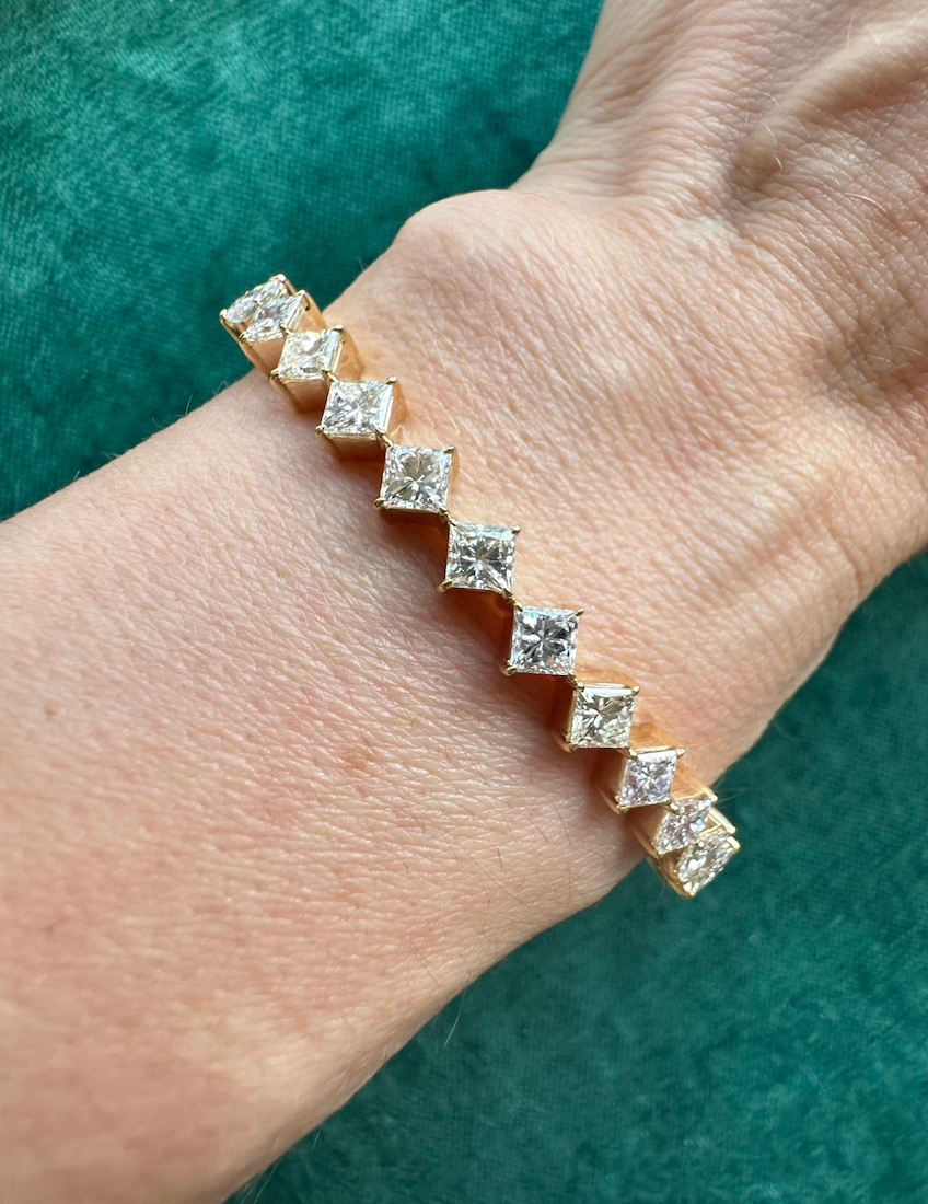 Diagonally Set Square Diamond Bangle in Yellow Gold