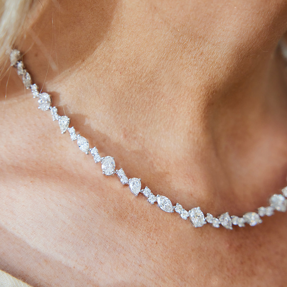 Mixed Shape Diamond Tennis Necklace in White Gold