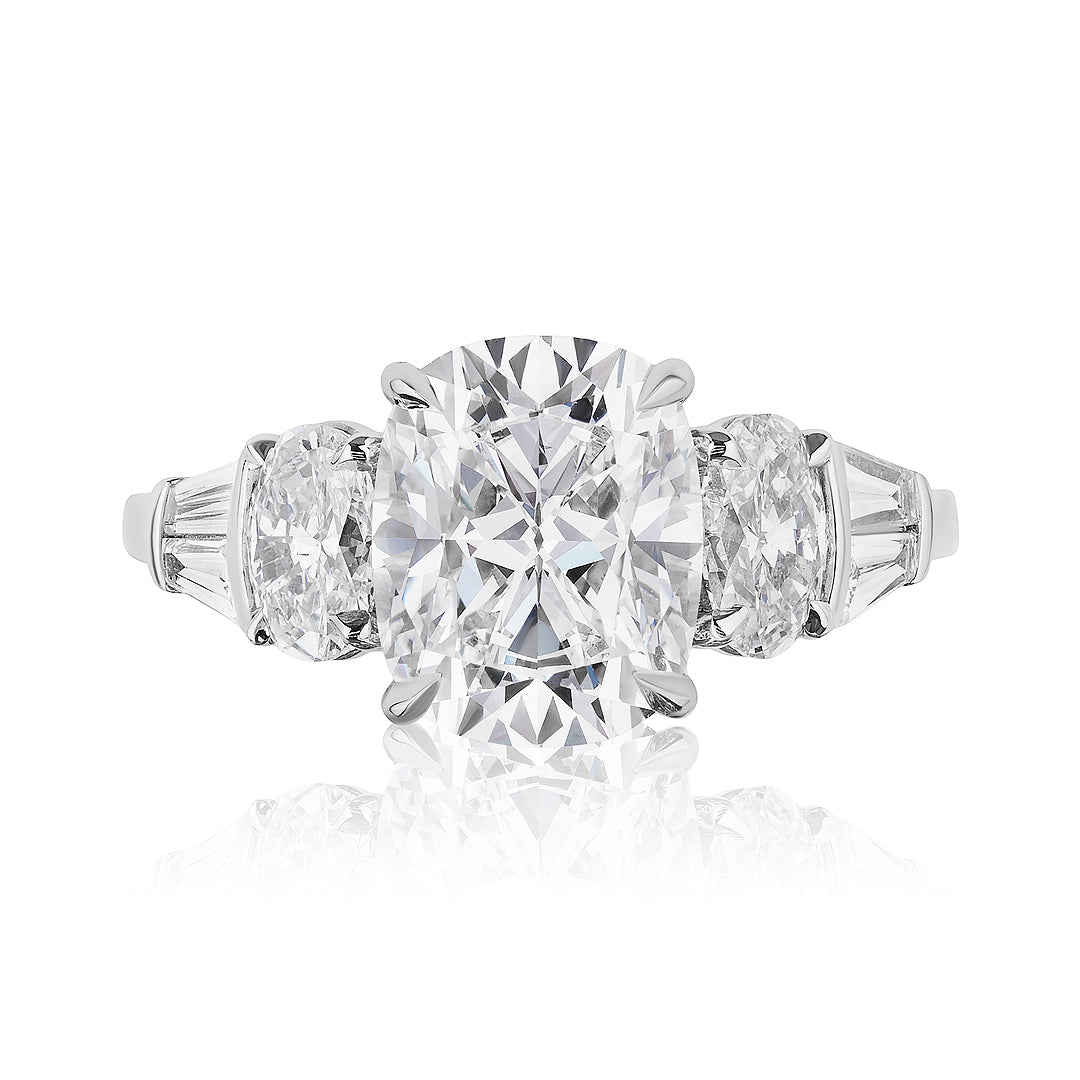 Oval Diamond Engagement Ring with Oval and Double Tapered Baguette Side Stones