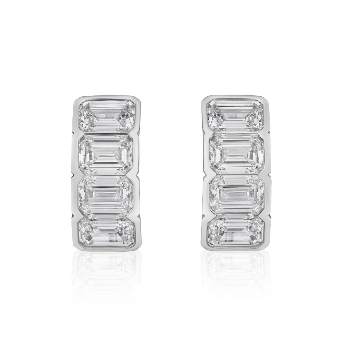 J Hoop Earring in White Gold with Bezel Set Emerald Cut Diamonds