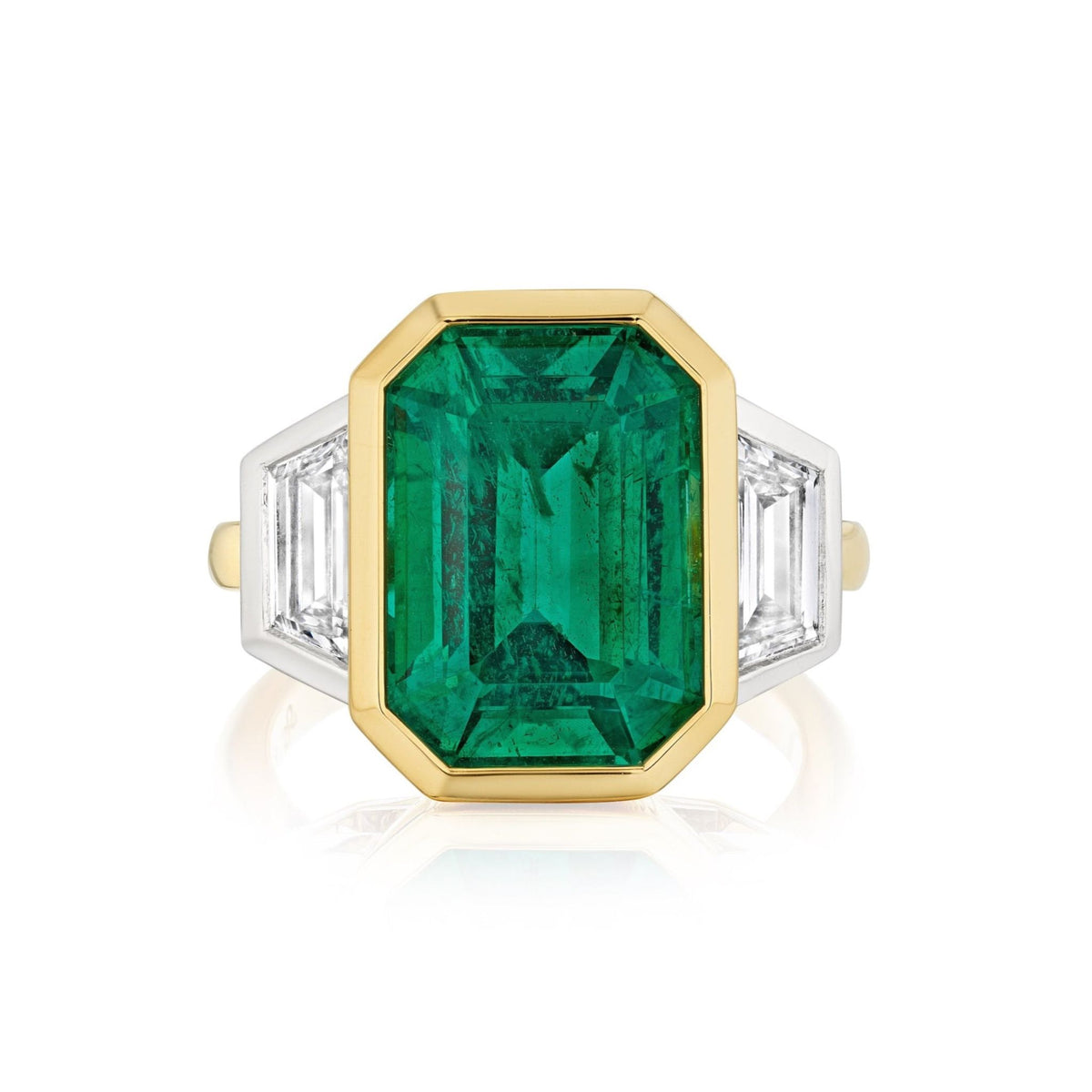 Bezel Set Emerald Cut Emerald Engagement Ring in Yellow Gold and Platinum with Trapezoid Baguette Diamond Side Stones