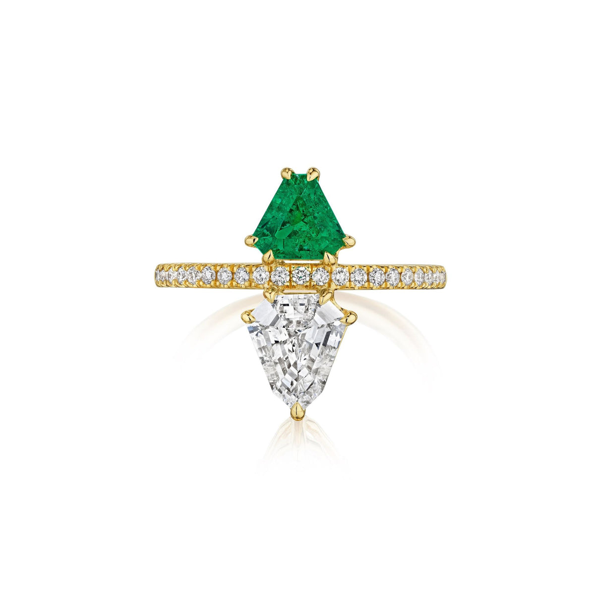 Emerald and Diamond Double Shield Ring in Yellow Gold